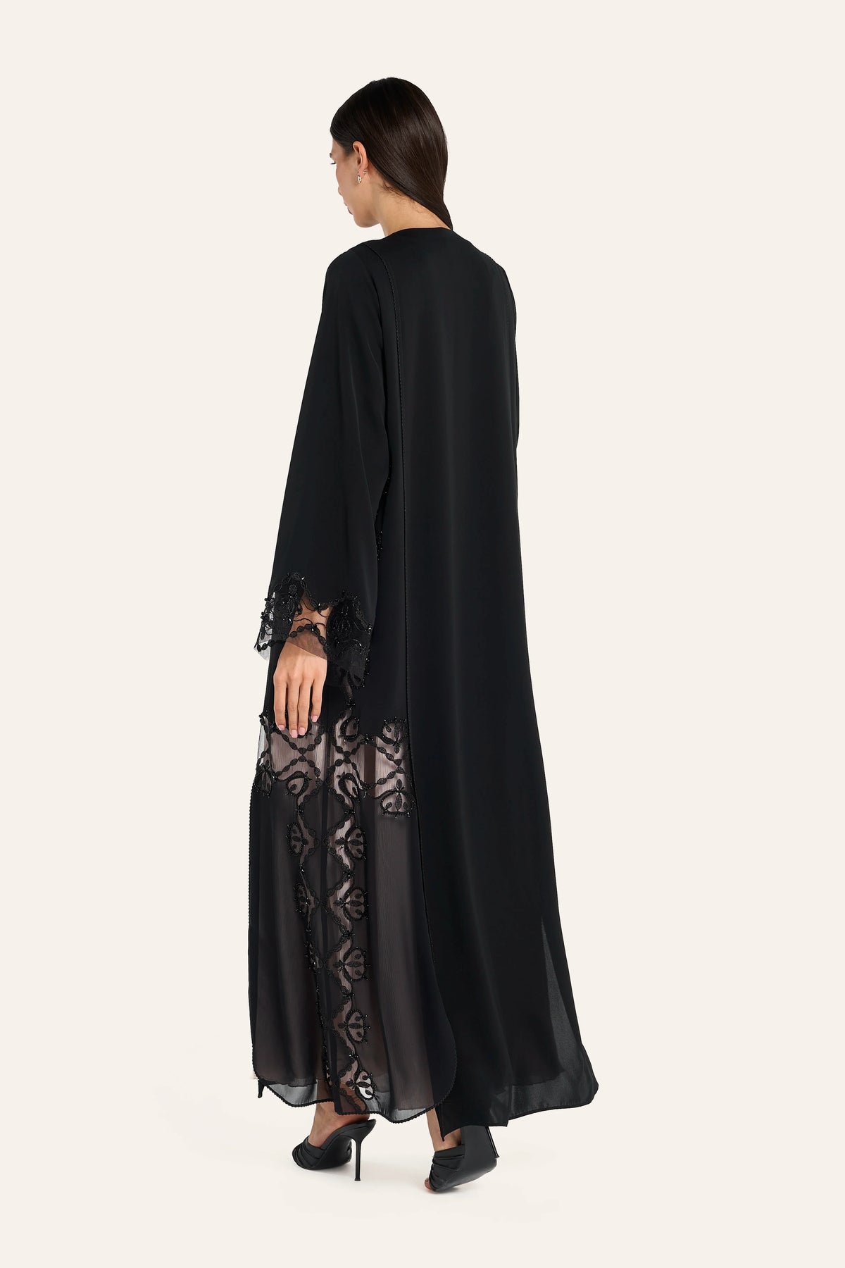 Louzan Geometric Back Embroidery Abaya - Black - Image 4