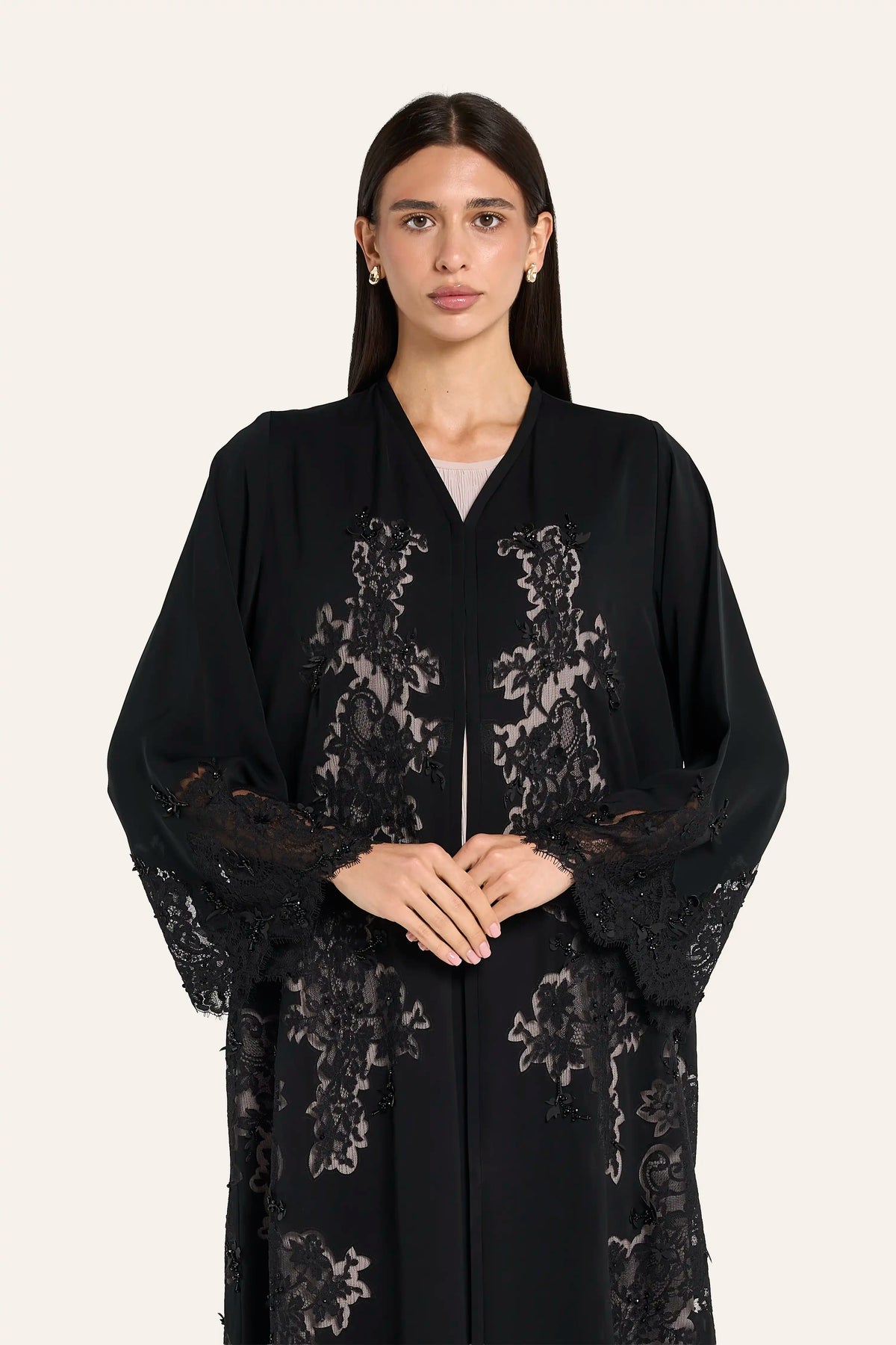 Louzan French Dantel Lace Abaya - Black - Image 1