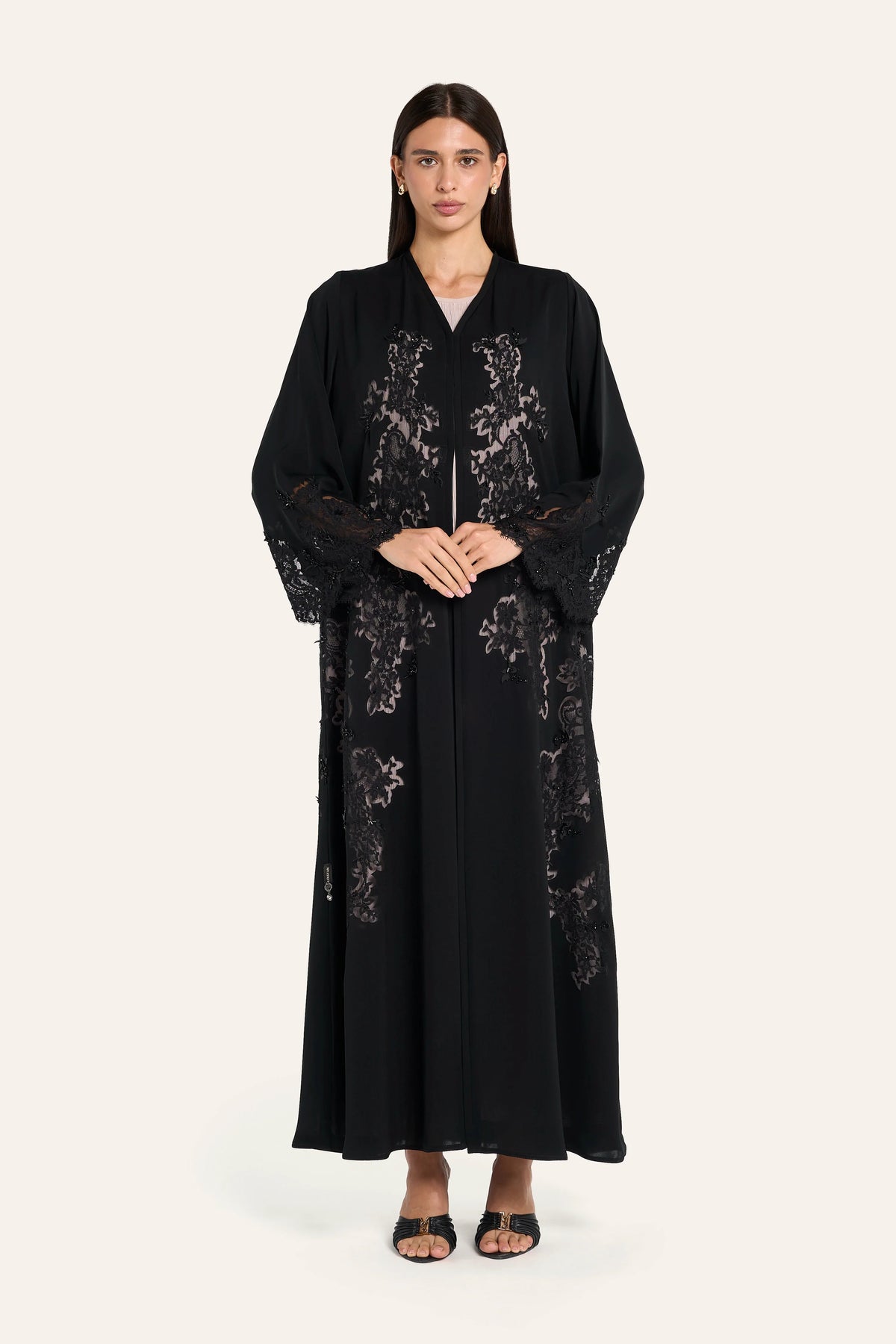 Louzan French Dantel Lace Abaya - Black - Image 2