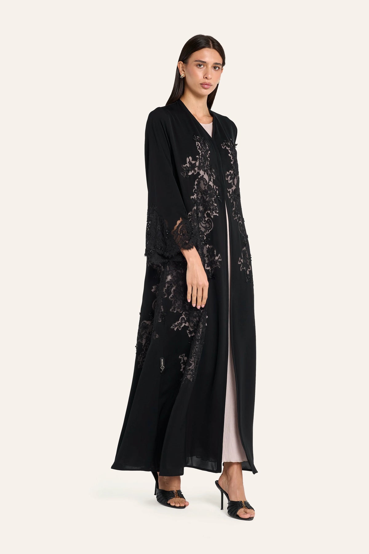 Louzan French Dantel Lace Abaya - Black - Image 3