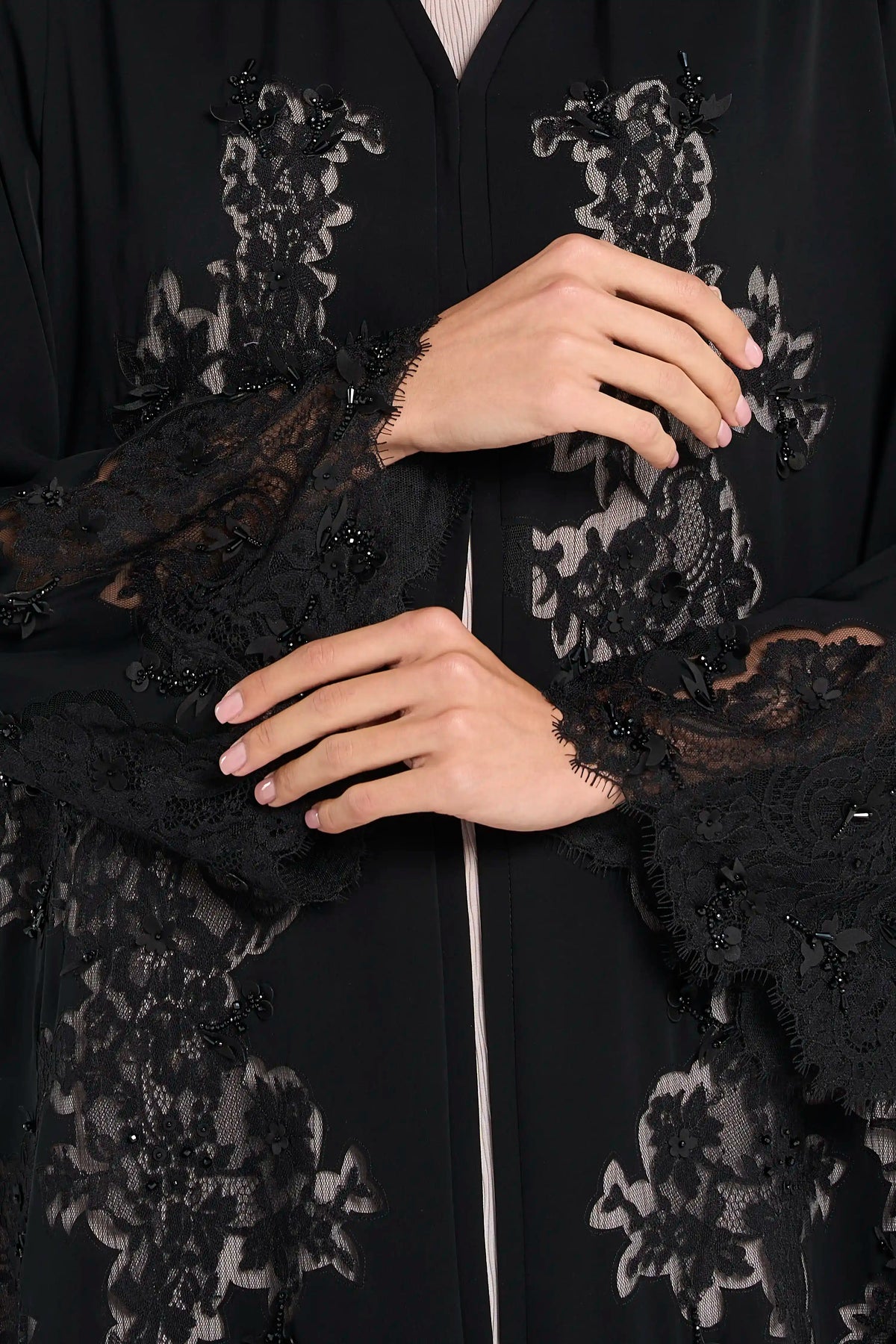 Louzan French Dantel Lace Abaya - Black - Image 5