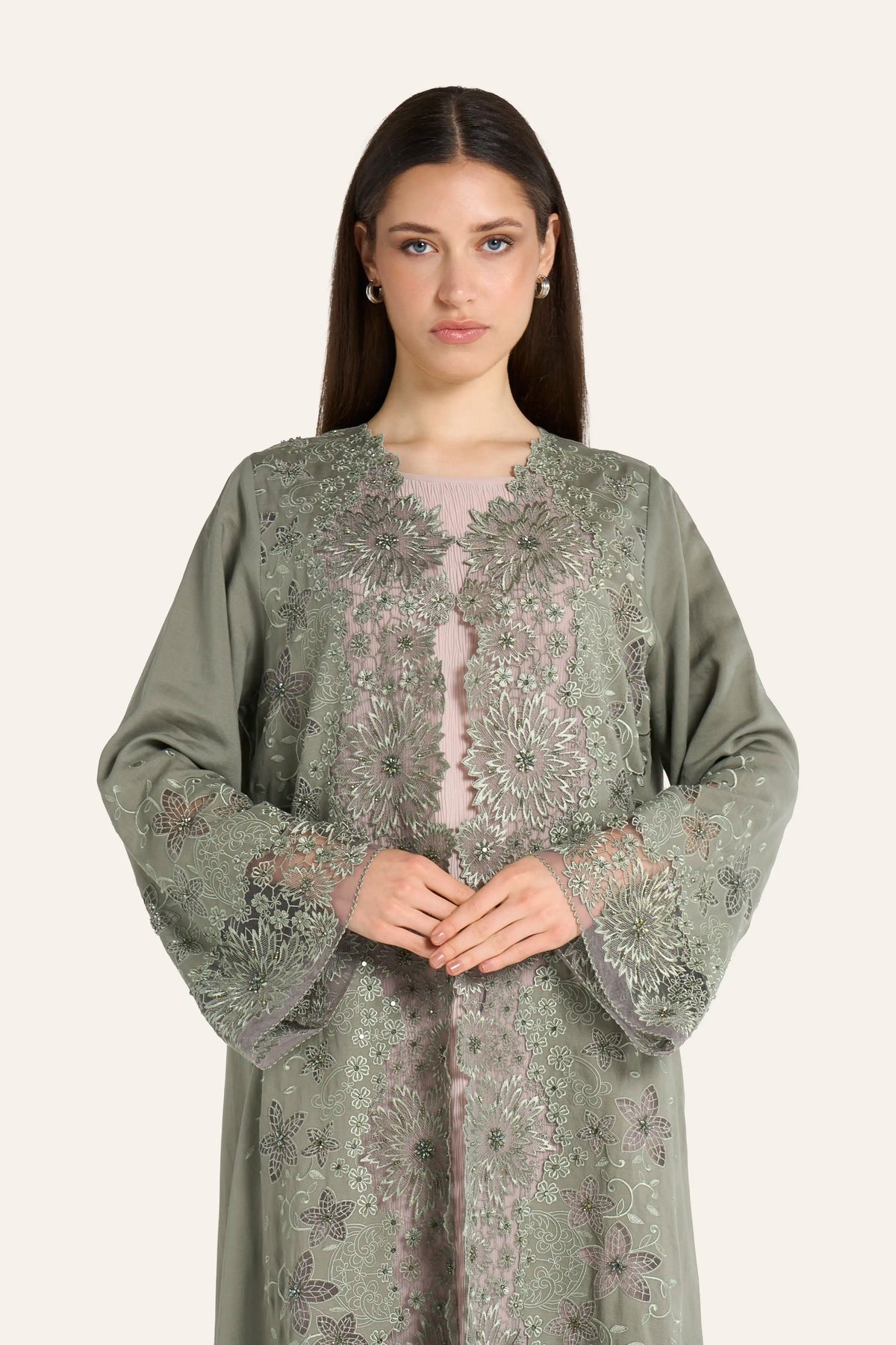 عباية لوزان بتطريزات زهرية | LN2749 - أخضر