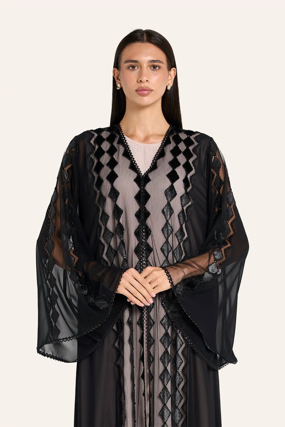 Louzan Geometric Crystal Wedding Abaya - Black - Image 1