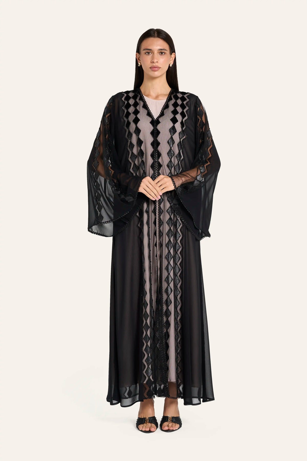 Louzan Geometric Crystal Wedding Abaya - Black - Image 2