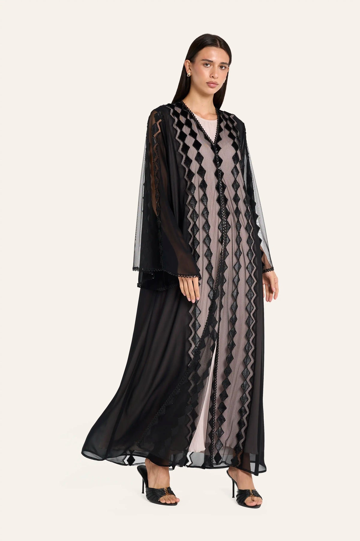 Louzan Geometric Crystal Wedding Abaya - Black - Image 3