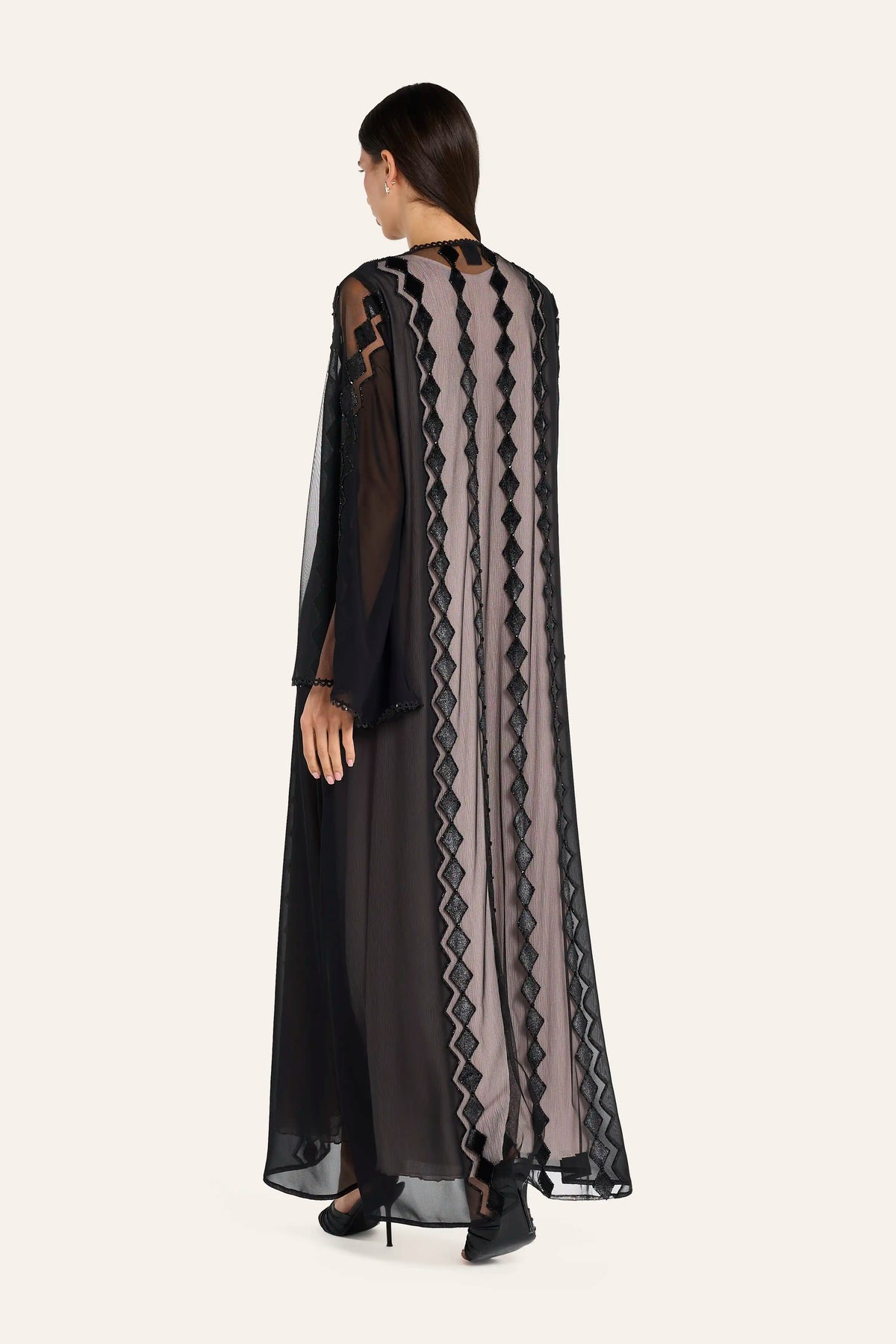 Louzan Geometric Crystal Wedding Abaya - Black - Image 4