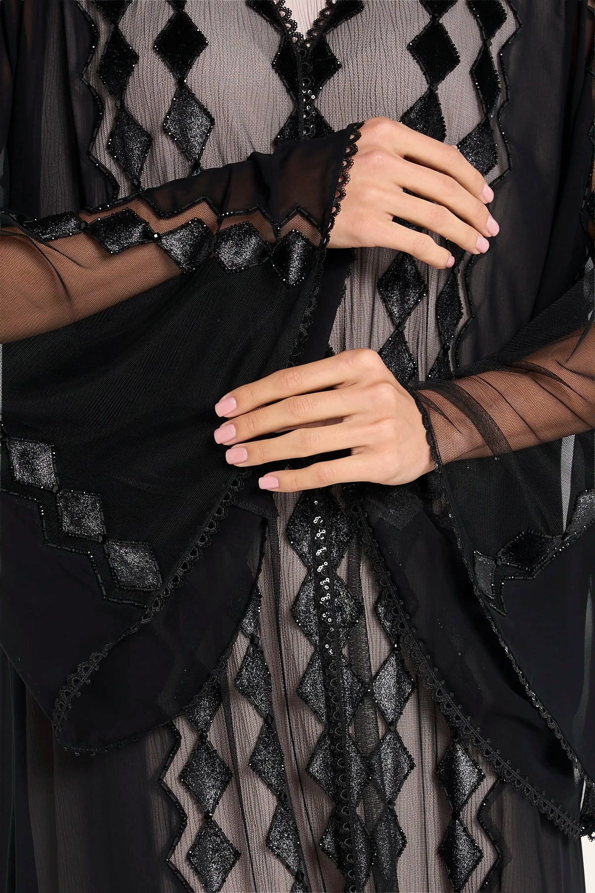 Louzan Geometric Crystal Wedding Abaya - Black - Image 5