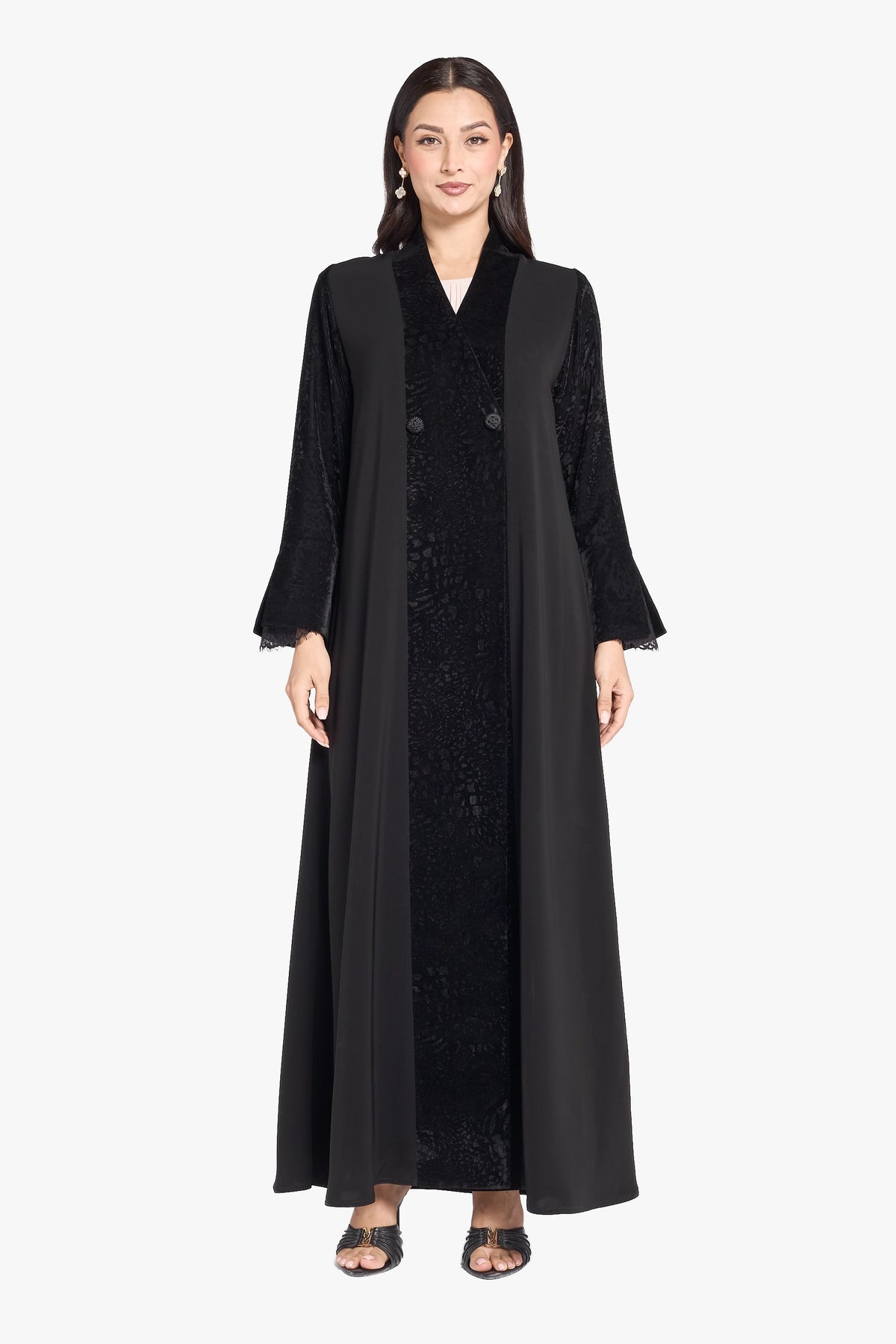 Louzan Abaya – Soft Crepe with Velvet Jacquard Design