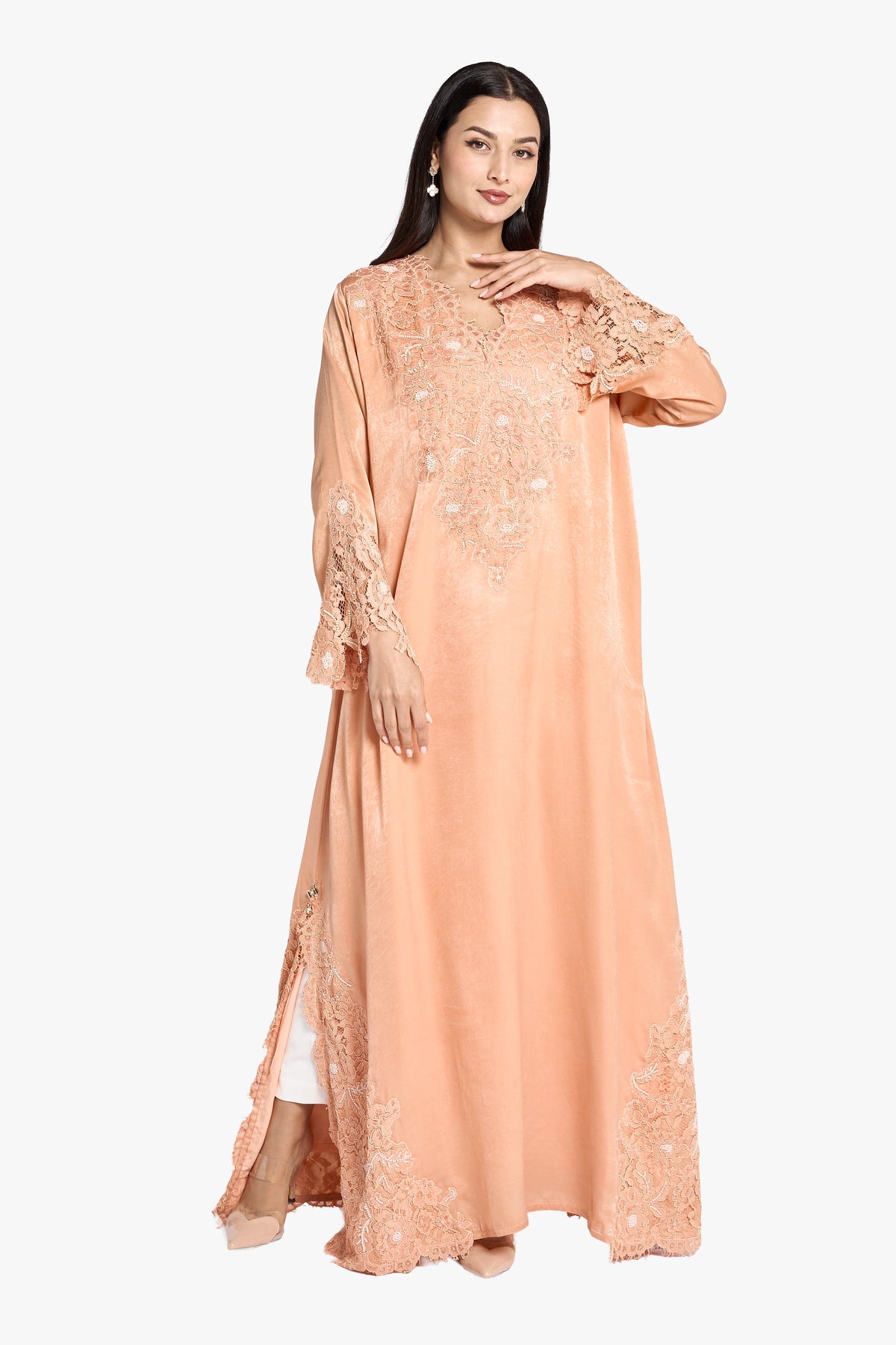 Louzan Jalabiya Velvet+Satin Lace & Hand Beading Kaftan – Peach