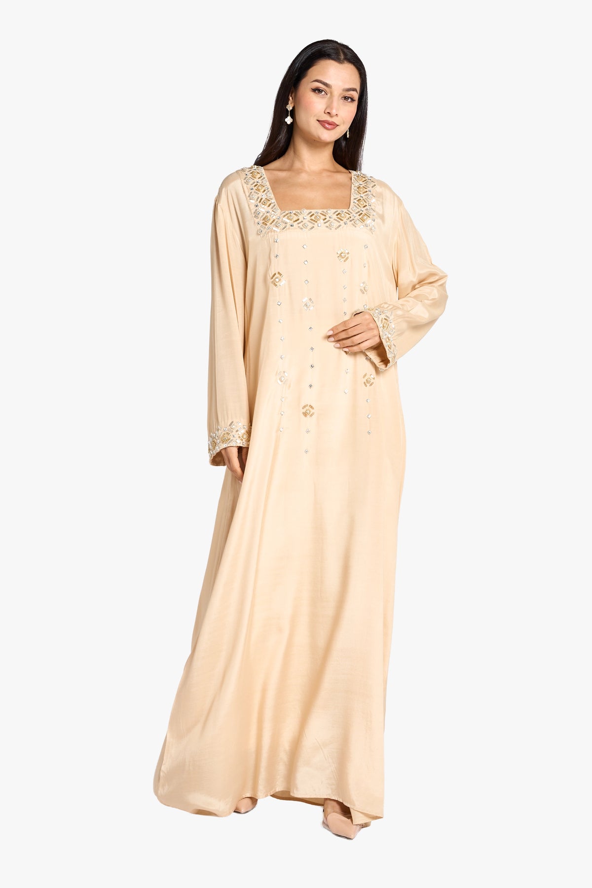 Louzan Jalabiya Silk Hand Beading Kaftan – Beige