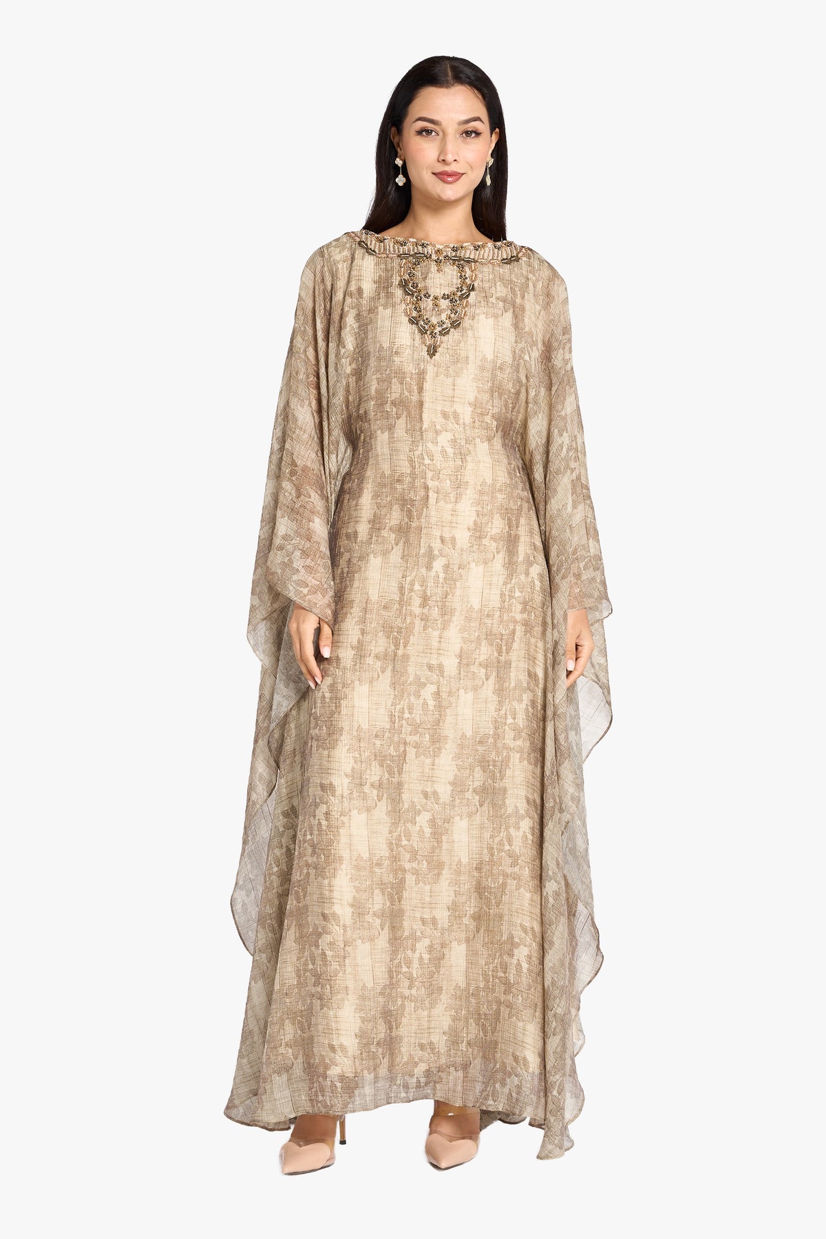 Louzan Jalabiya Organza Hand Embroidery Kaftan – Brown