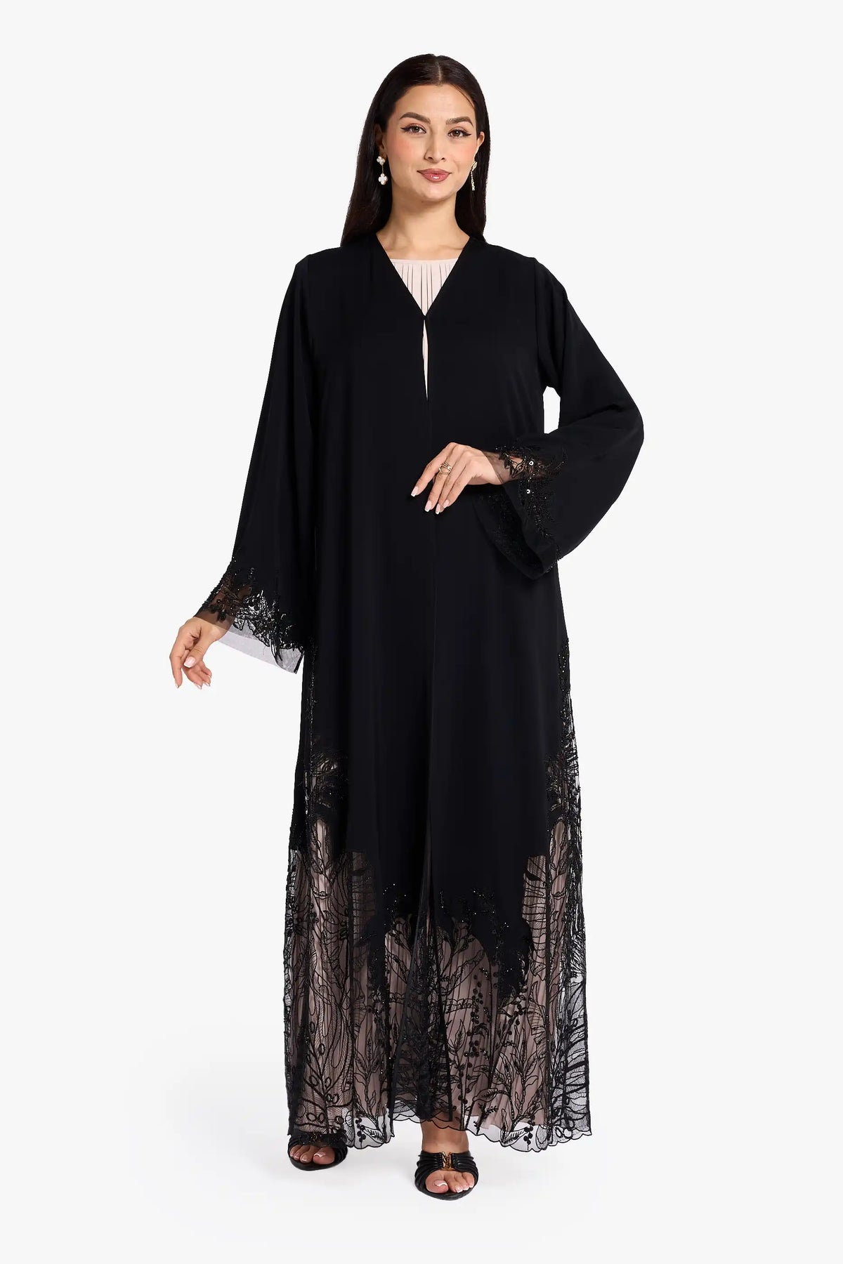 Louzan VIP Abaya Crafted In Nida Fabric With Intricately Embroidered Tropical Flora Design