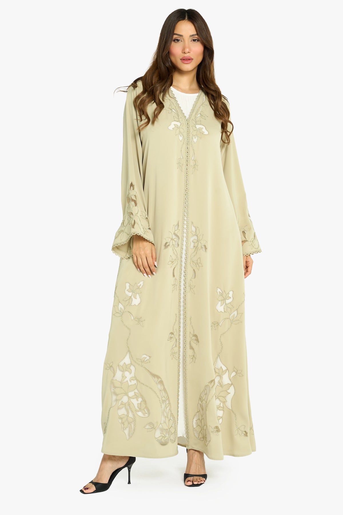 Louzan Abaya Laser Cut Floral Embroidery –  Pistachio Green