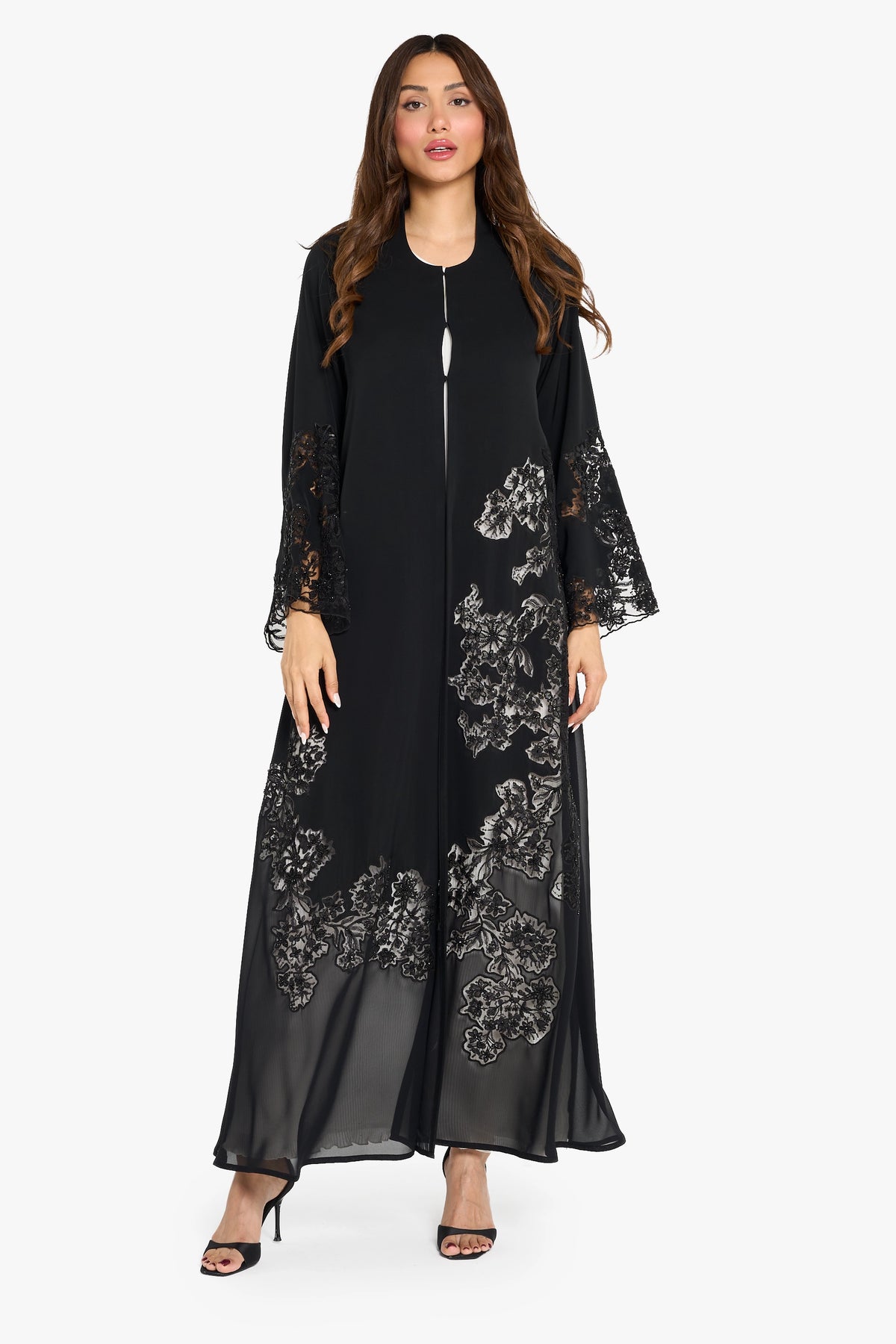 Louzan Abaya Floral Embroidery with Chiffon – Black