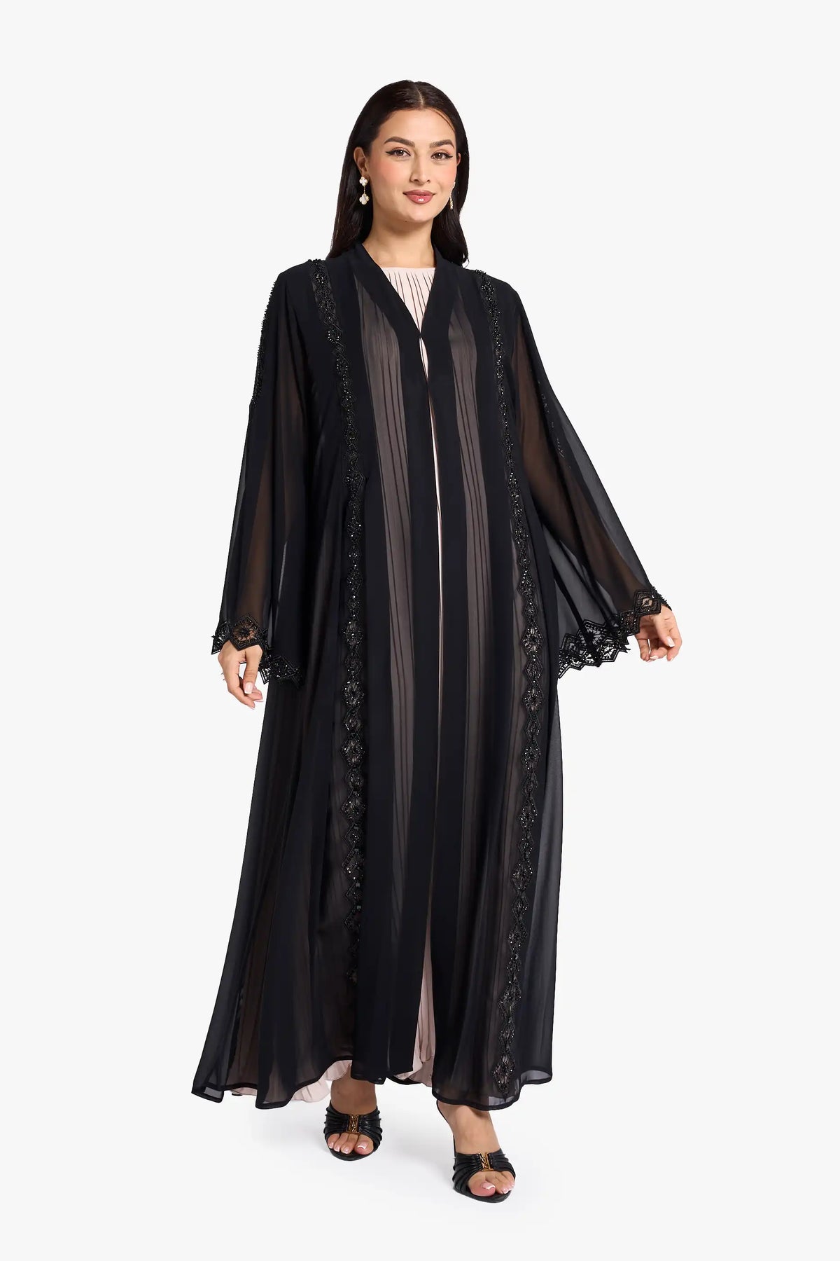 Louzan Wedding Abaya Crafted in Soft Chiffon Fabric With Geometric Thread Embroidered Design