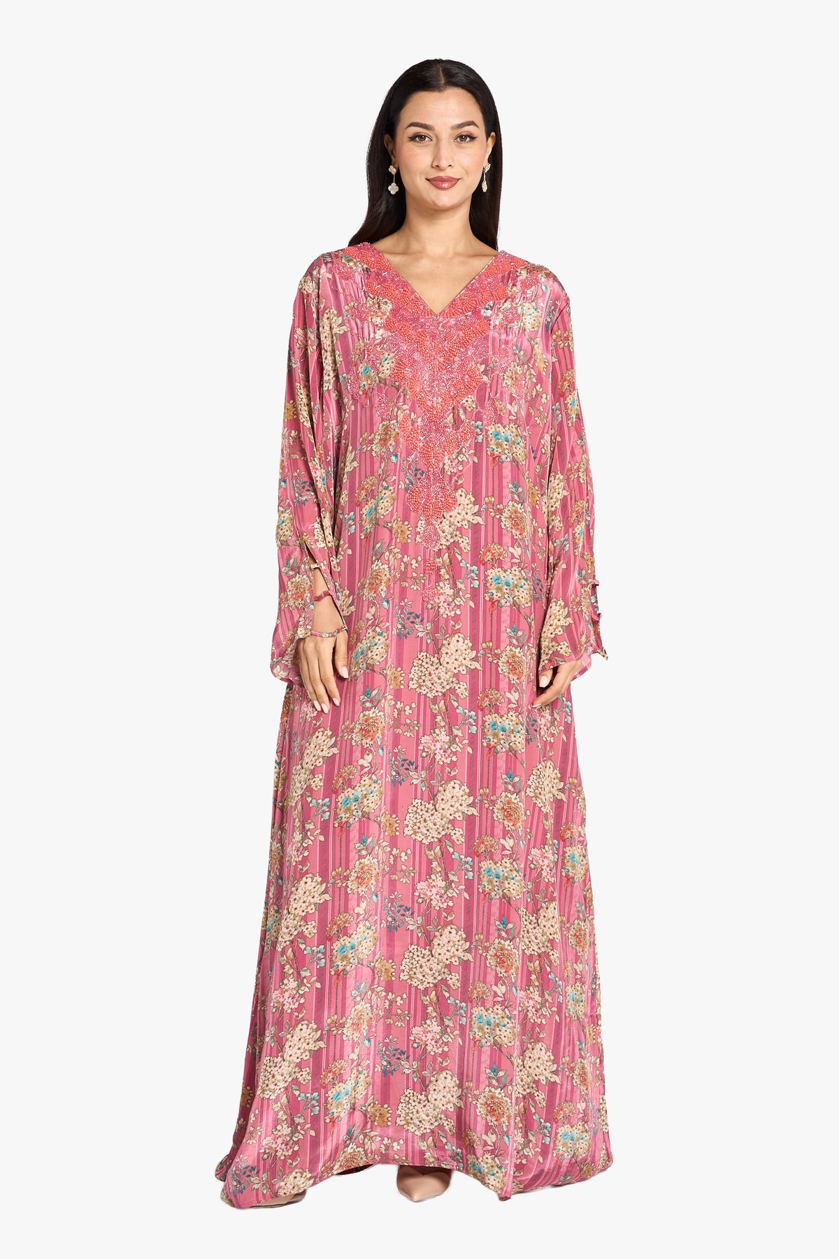 Louzan Jalabiya Crepe Hand Beading Kaftan – Pink