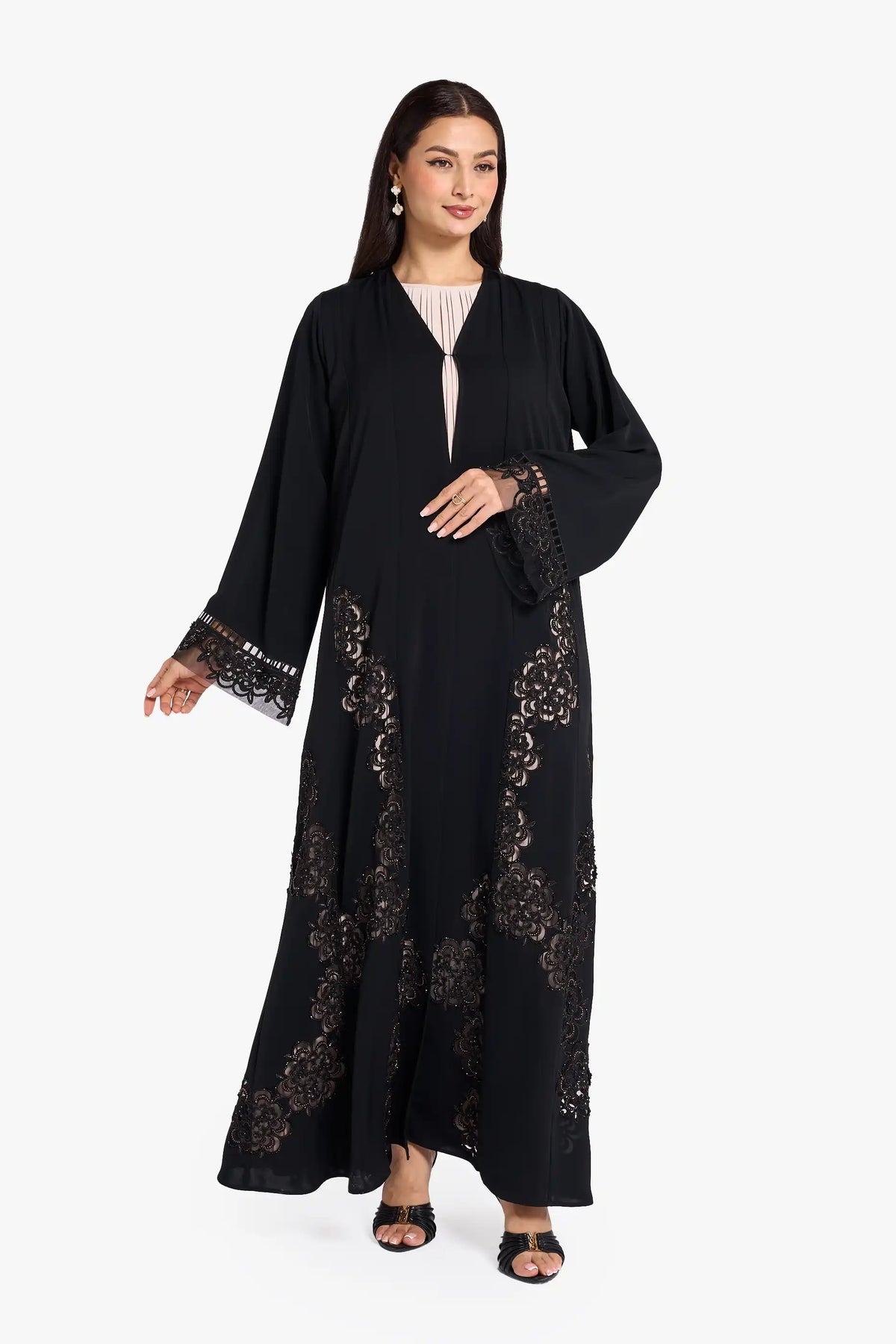 Louzan Vip Abaya Crafted In Nida Fabric With Intricate Laser-Cut Floral Design