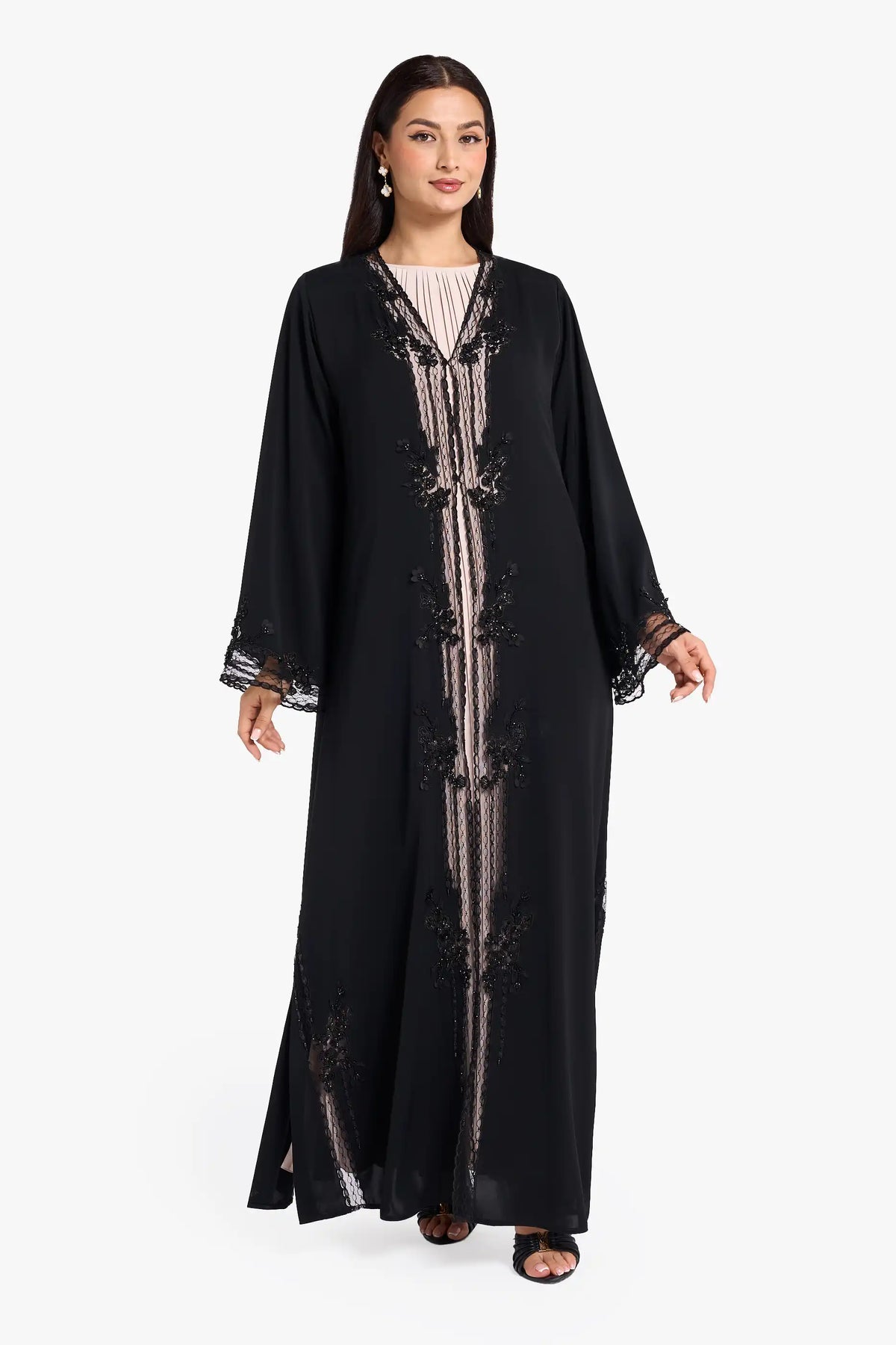 Louzan VIP Abaya Crafted In Nida Fabric, Embellished With Organza Ribbons And Crystals Beads