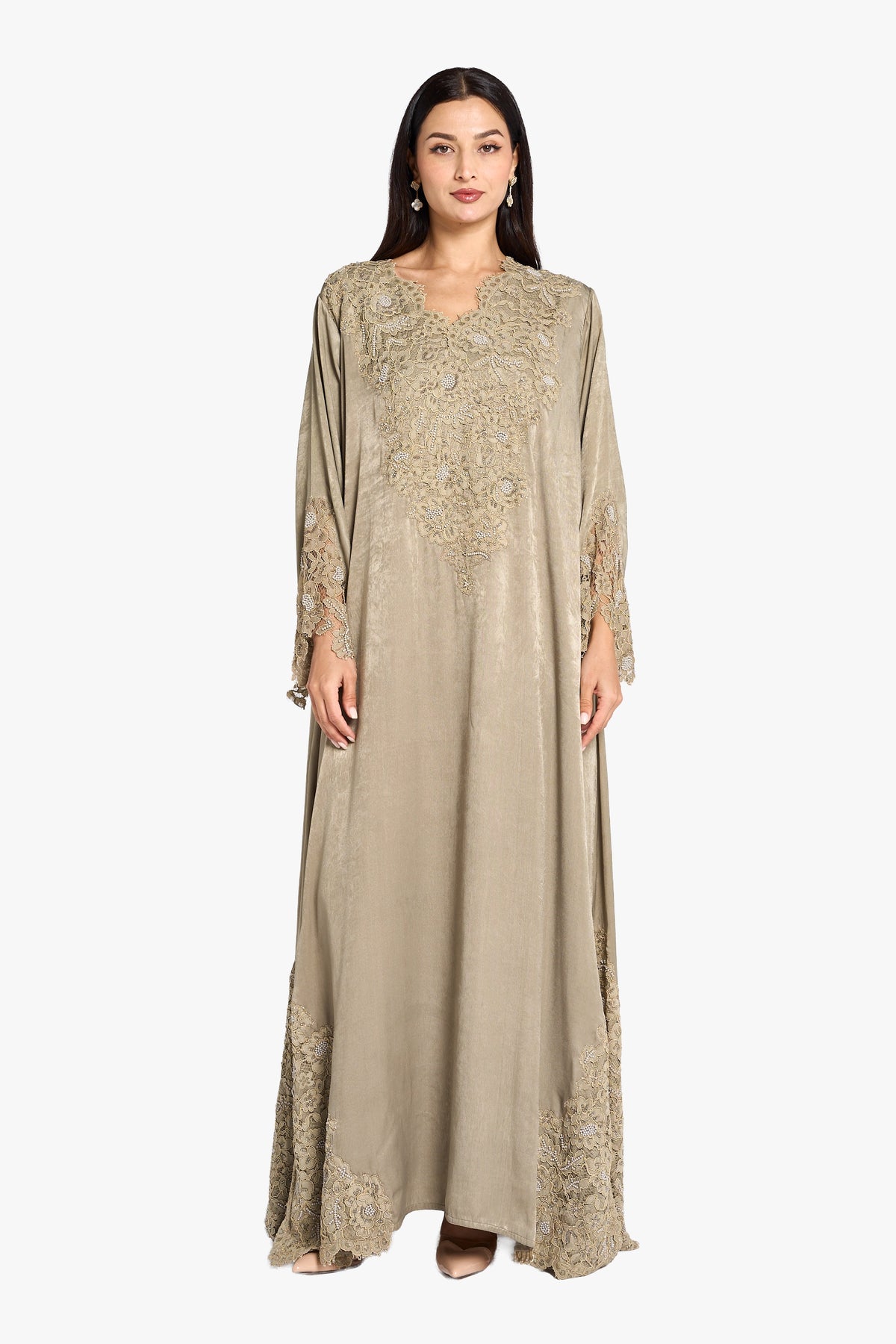 Louzan Jalabiya Velvet+Satin Lace & Hand Beading Kaftan – Beige