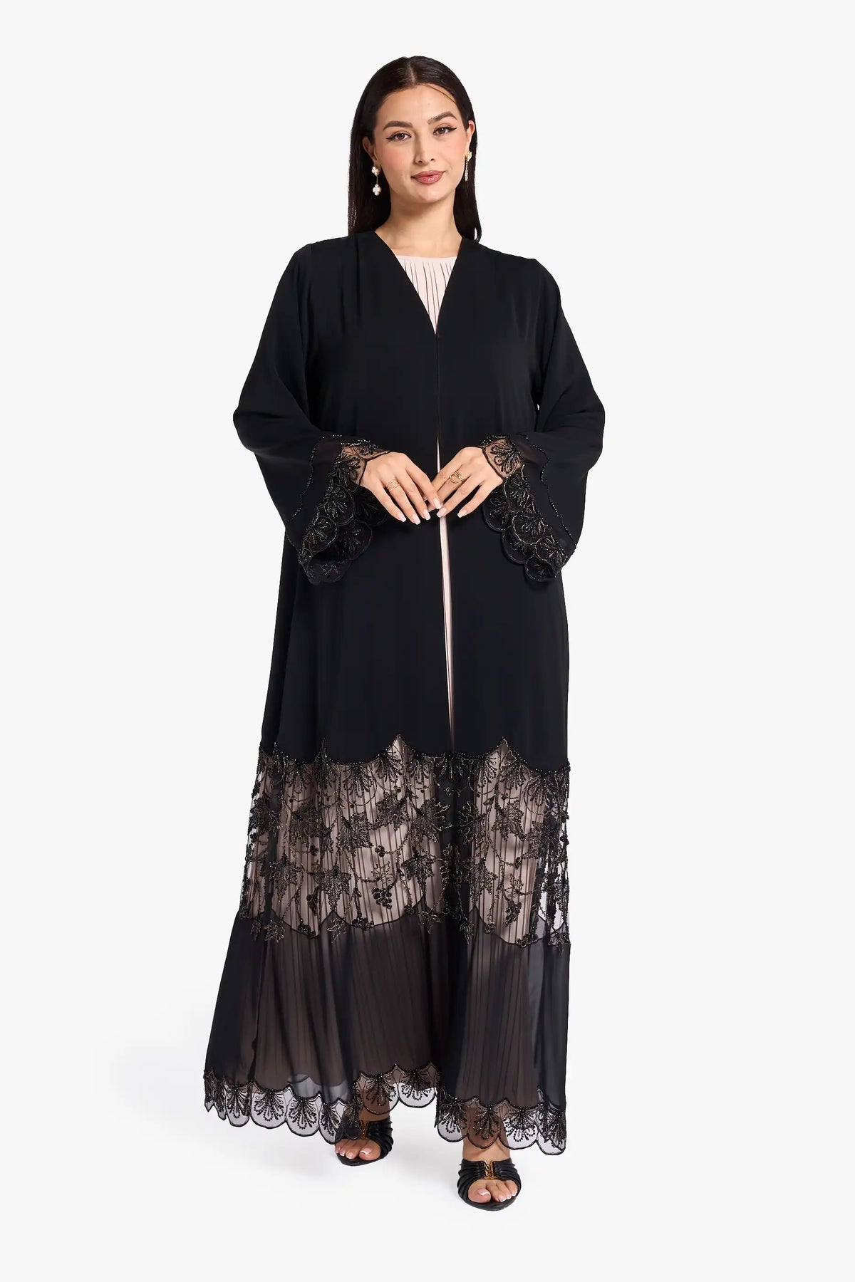 Louzan VIP Abaya Crafted in Nida Fabric With Golden Dori Embroidery