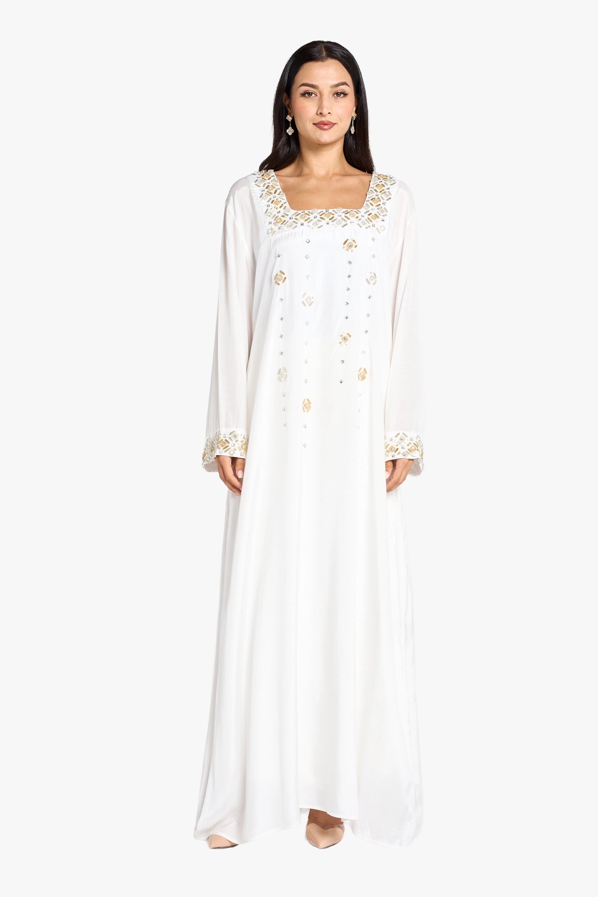 Louzan Jalabiya Silk Hand Beading Kaftan – White