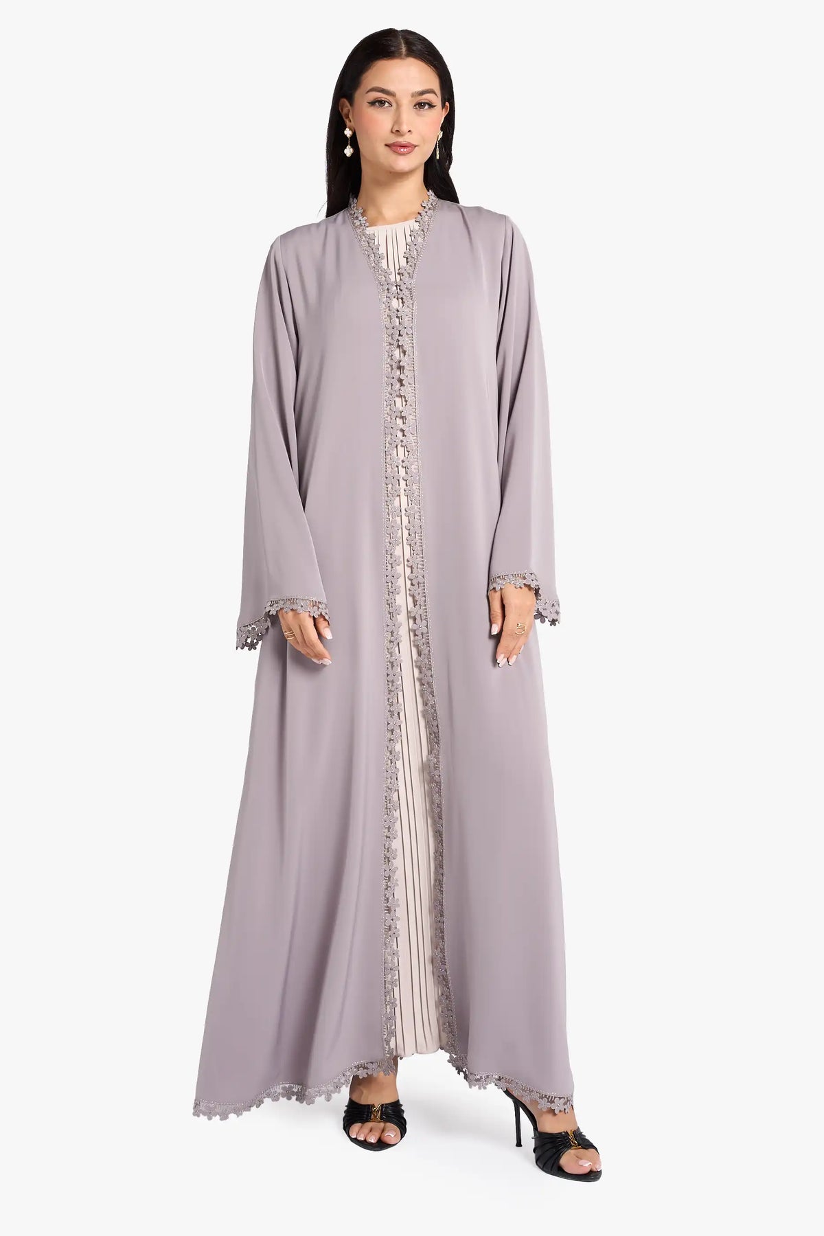 Louzan Abaya Crafted In Colored Nida Fabric With Intricate Laser Cut Floral