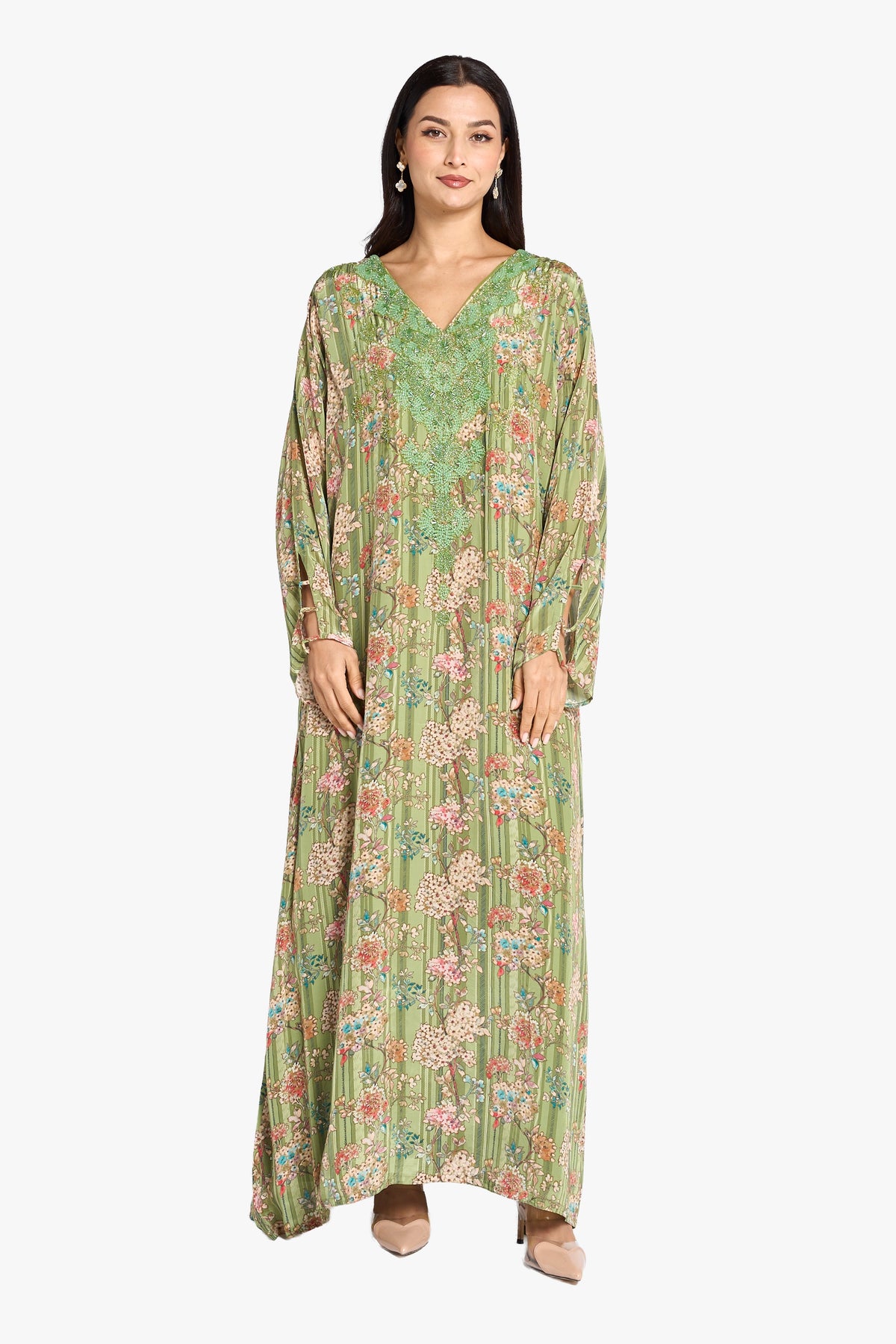 Louzan Jalabiya Crepe Hand Beading Kaftan – Green