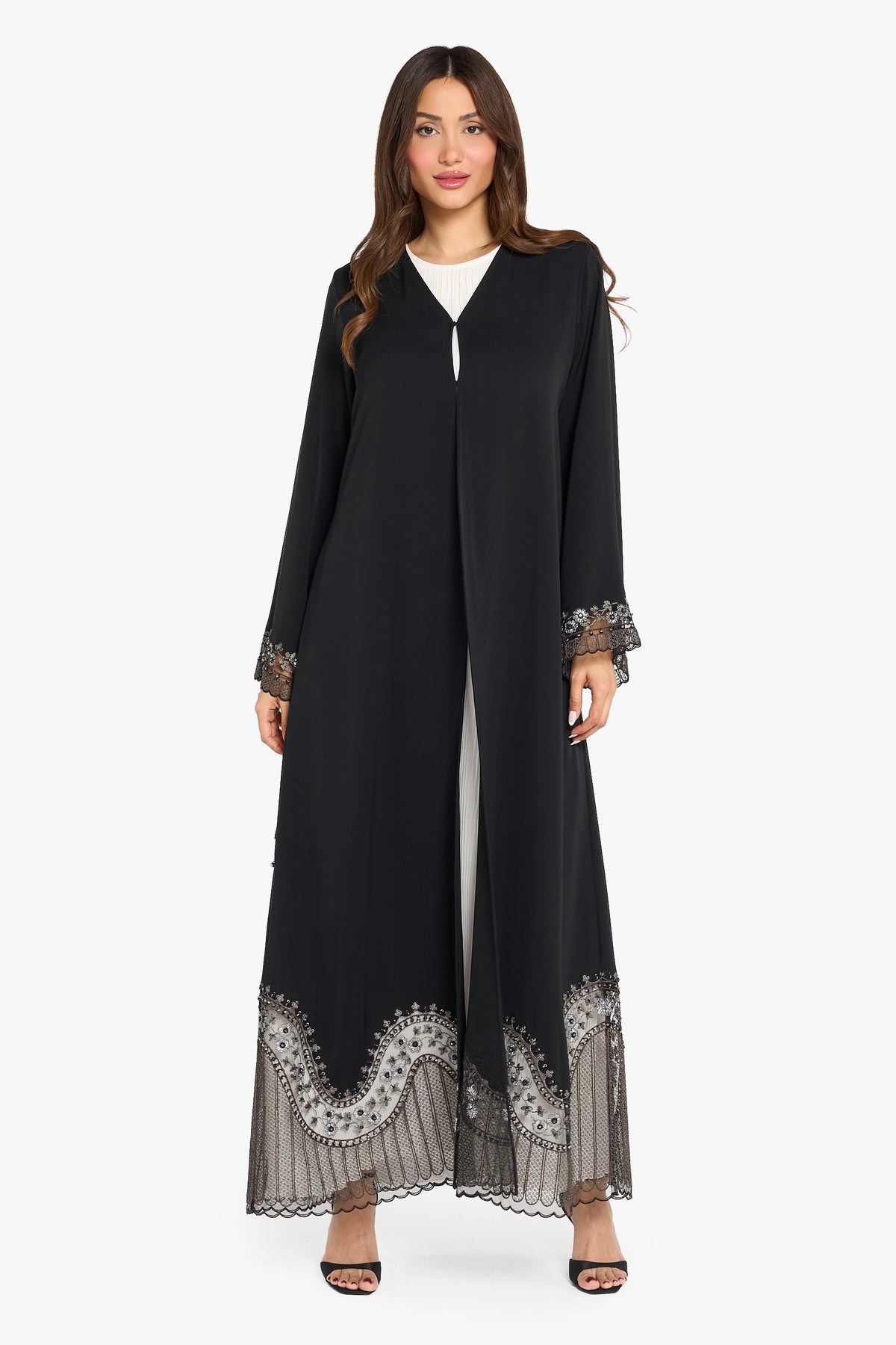 Louzan Abaya Geometric Floral Embroidery – Black