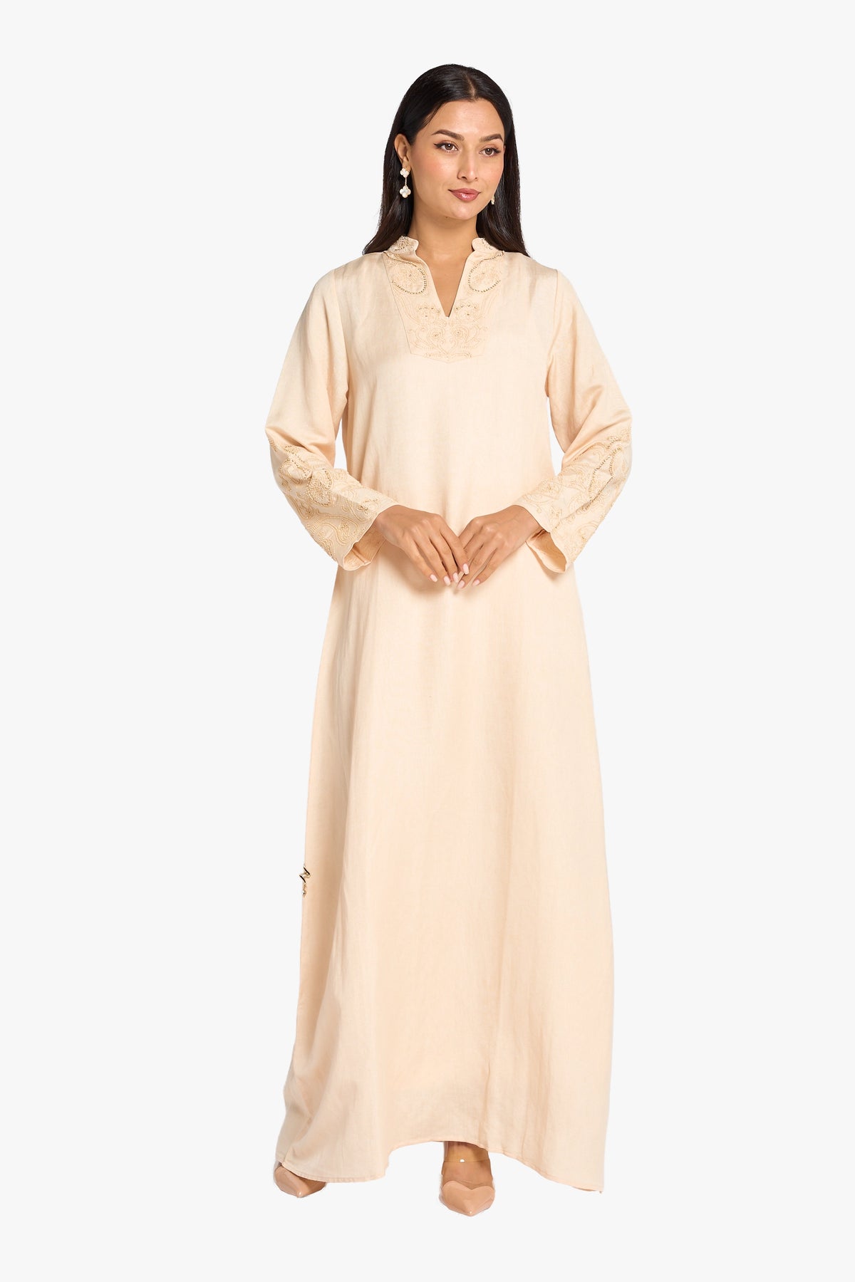 Louzan Jalabiya Linen Handwork Kaftan – Peach