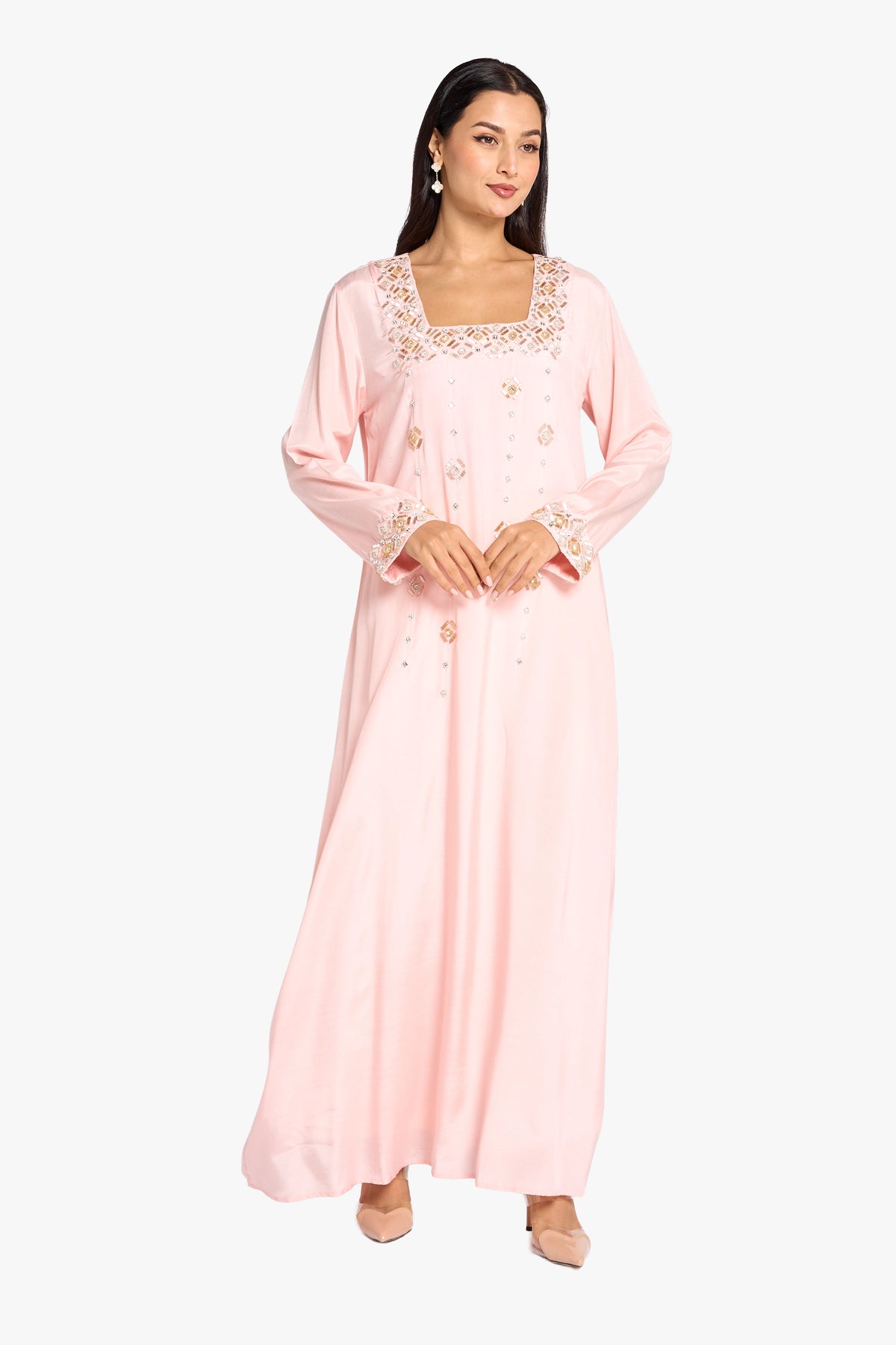 Louzan Jalabiya Silk Hand Beading Kaftan – Pink