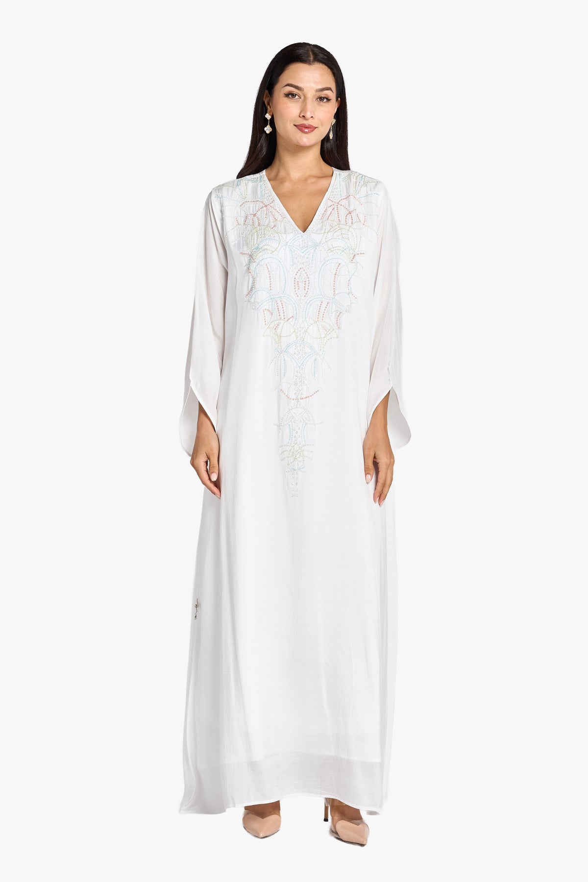 Louzan Jalabiya Linen Hand Beading Kaftan – White