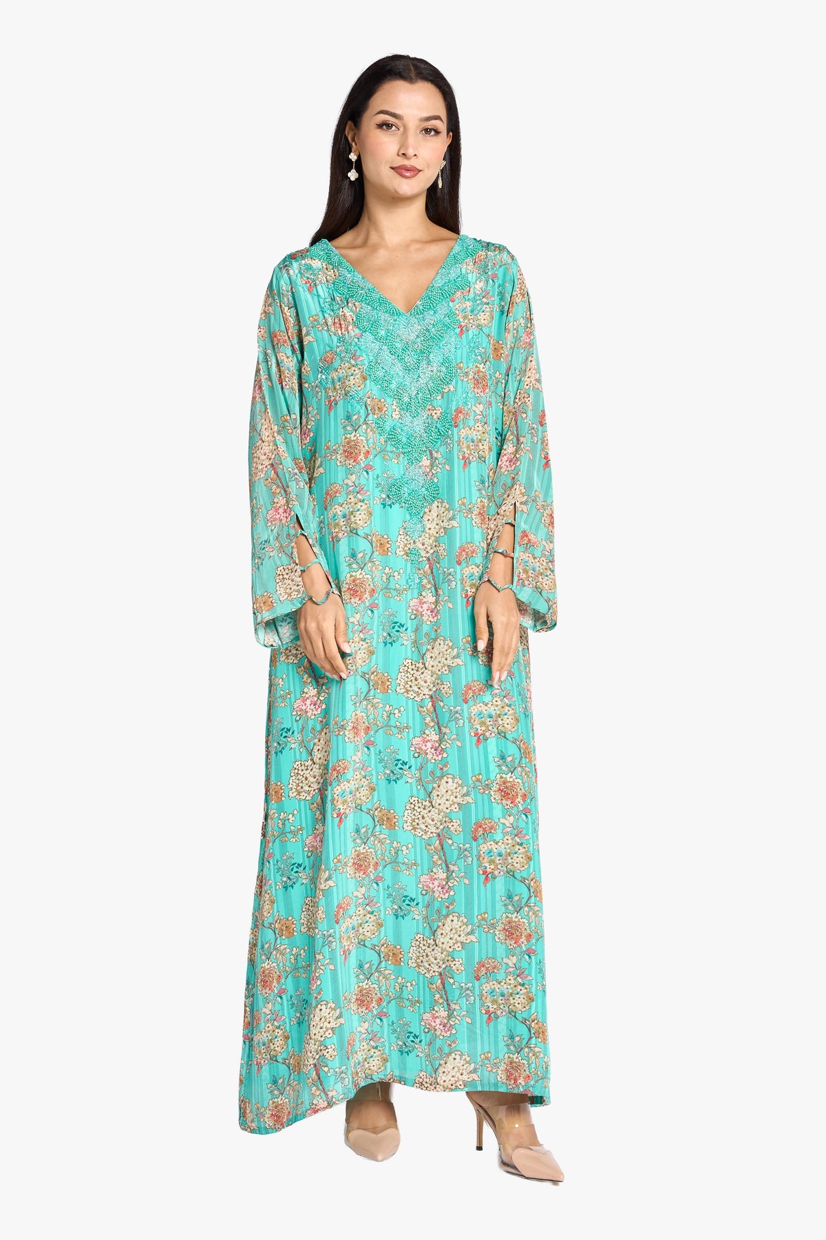 Louzan Jalabiya Crepe Hand Beading Kaftan – Turquoise