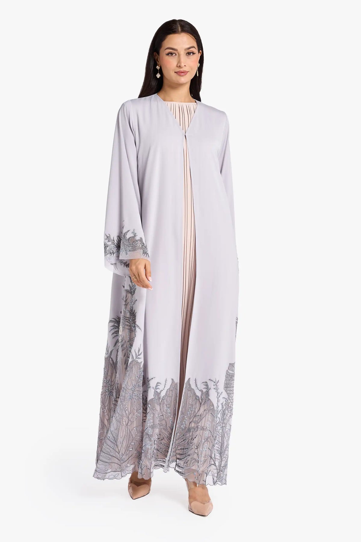 Louzan VIP Abaya Crafted In Nida Fabric With Intricately Embroidered Tropical Flora Design,Grey Color