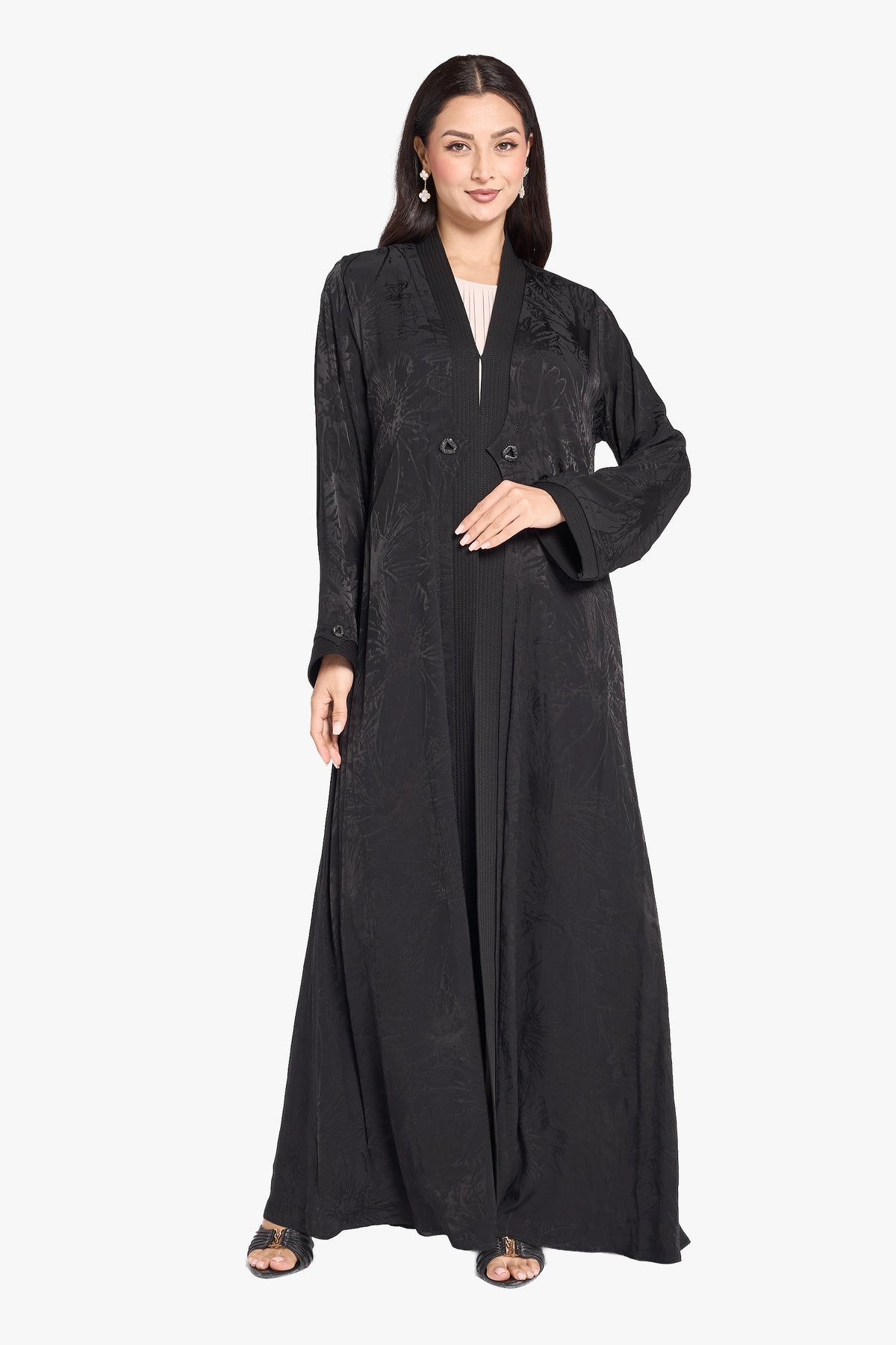 Louzan Shawl Collar Abaya Crafted In Nida Fabric With Pin-Tuck Chiffon Panel (Copy)