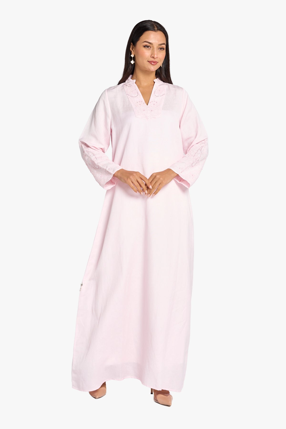 Louzan Jalabiya Linen Handwork Kaftan – Pink