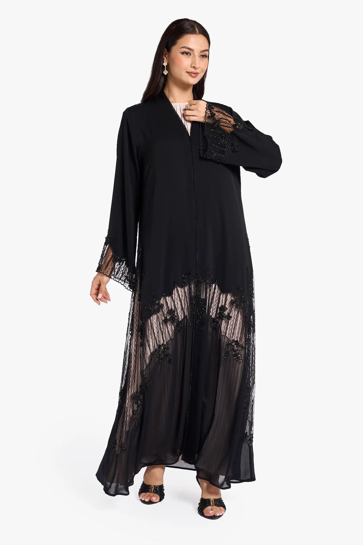 Louzan VIP Abaya Crafted In Nida Fabric With Exquisite Geometric Dori Embroidery