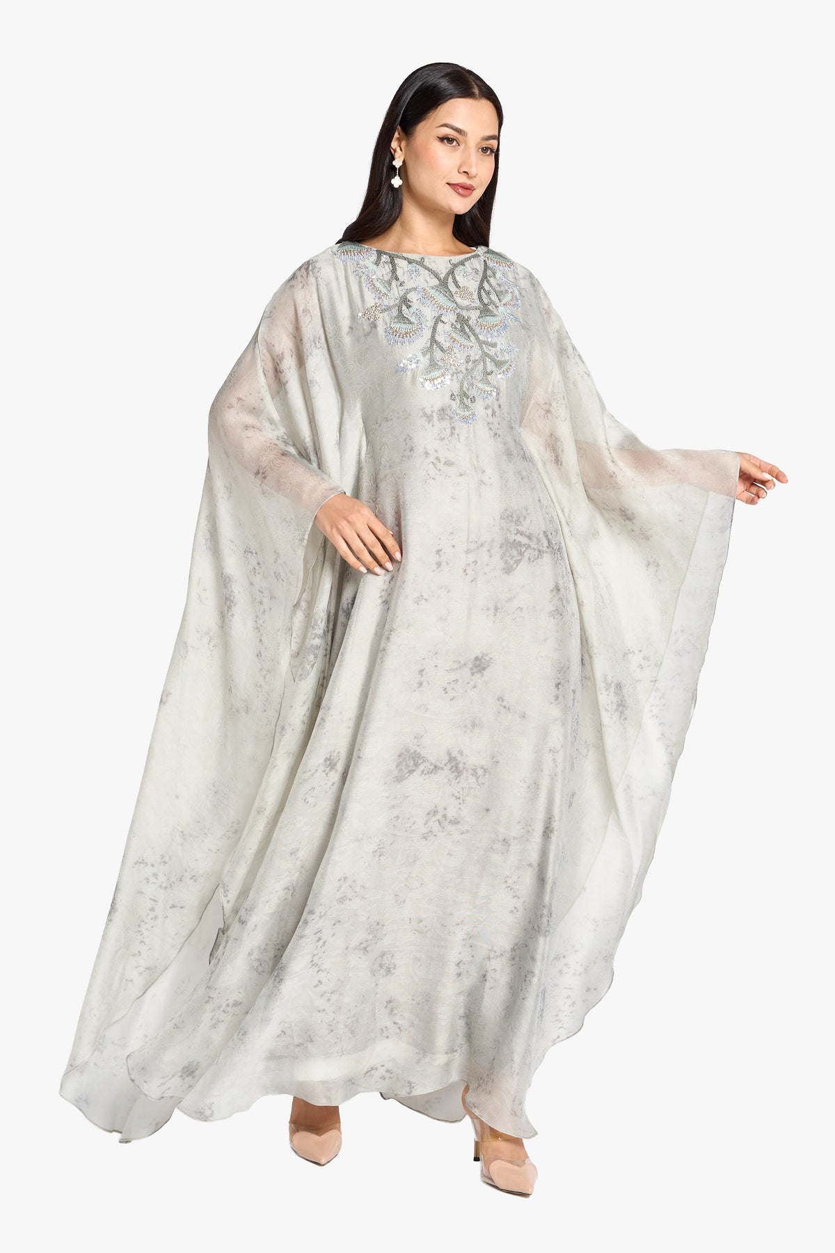 Louzan Jalabiya Organza Hand Embroidery Kaftan – Grey