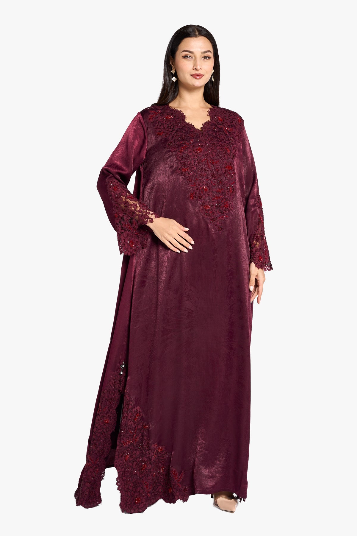 Louzan Jalabiya Velvet+Satin Lace & Hand Beading Kaftan – Burgundy
