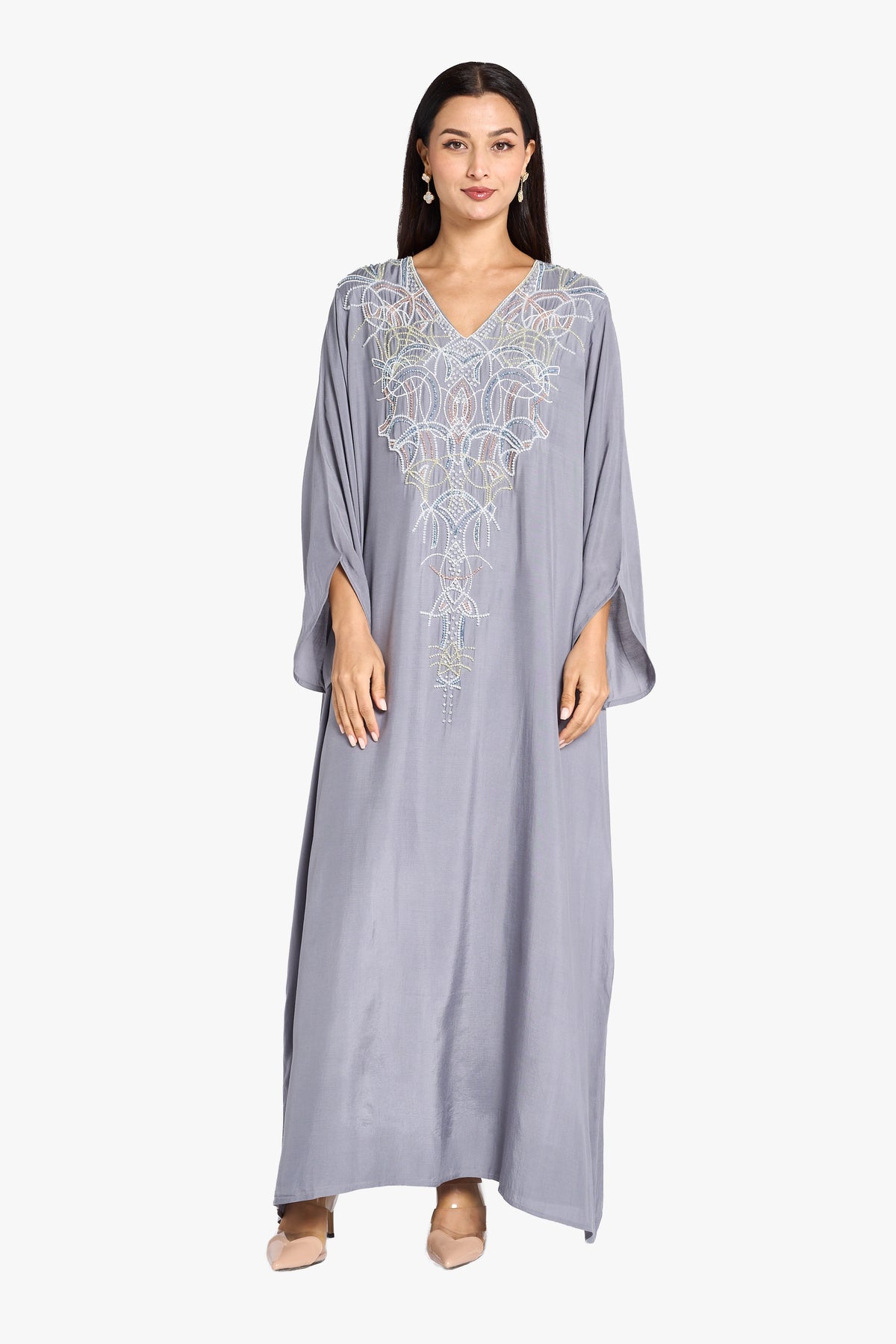Louzan Jalabiya Linen Hand Beading Kaftan – Grey