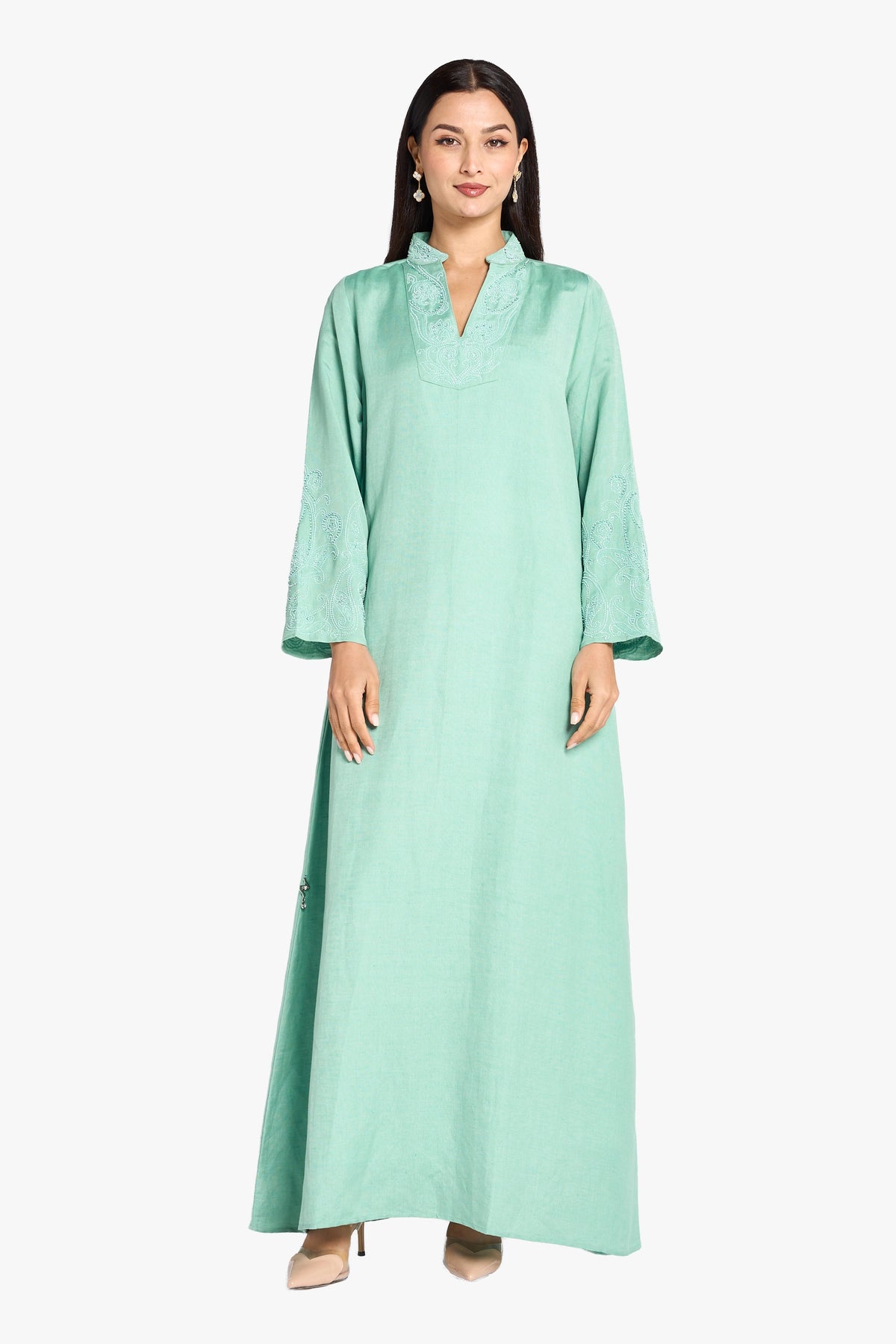 Louzan Jalabiya Linen Handwork Kaftan – Turquoise