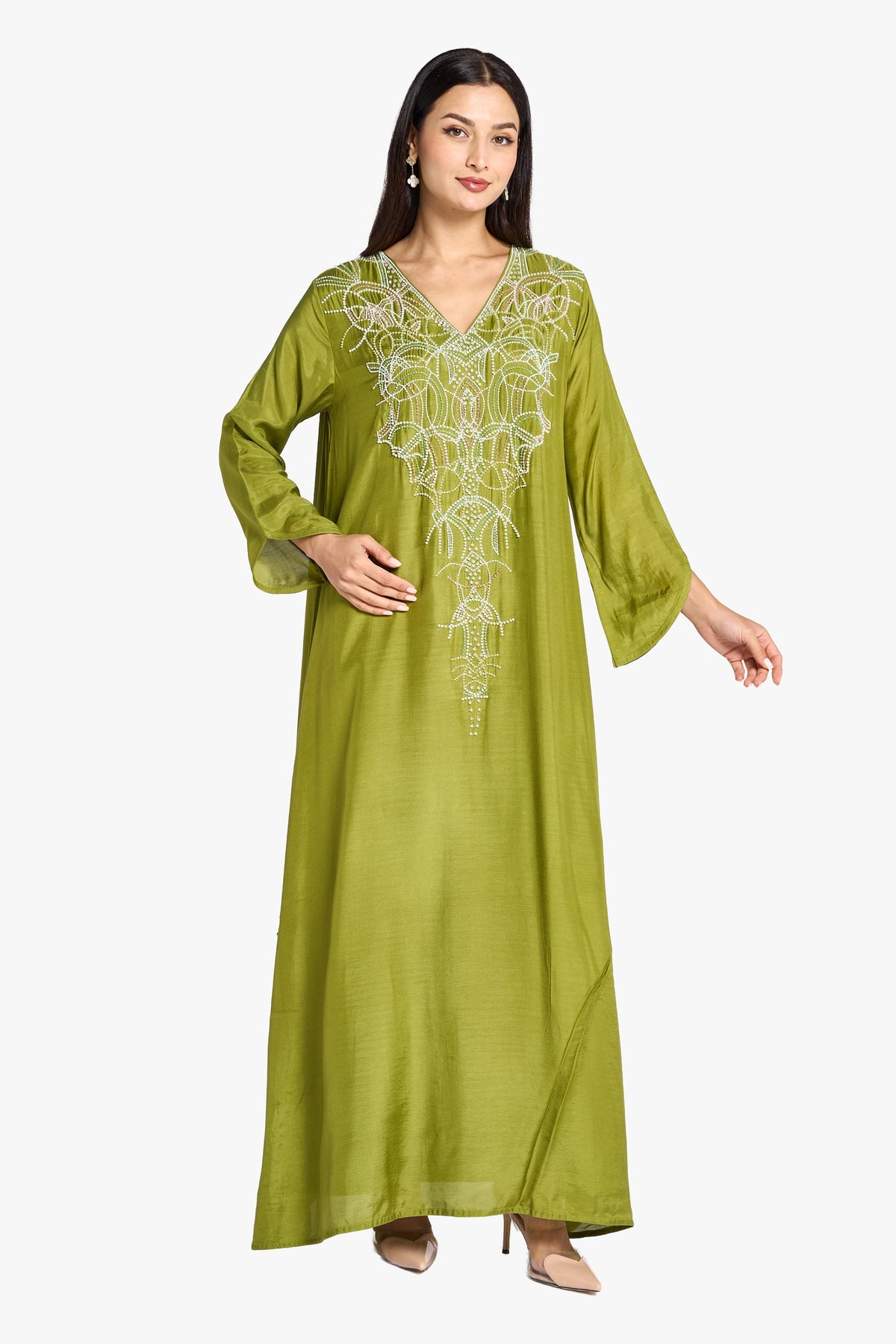 Louzan Jalabiya Linen Hand Beading Kaftan – Green