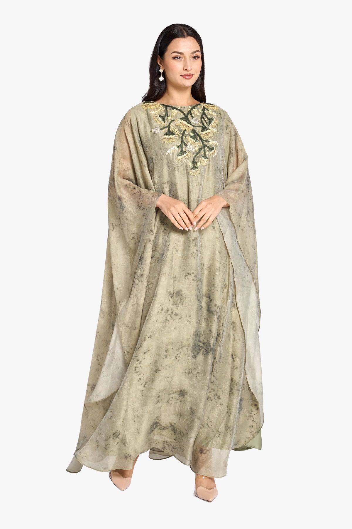 Louzan Jalabiya Organza Hand Embroidery Kaftan – Olive Green