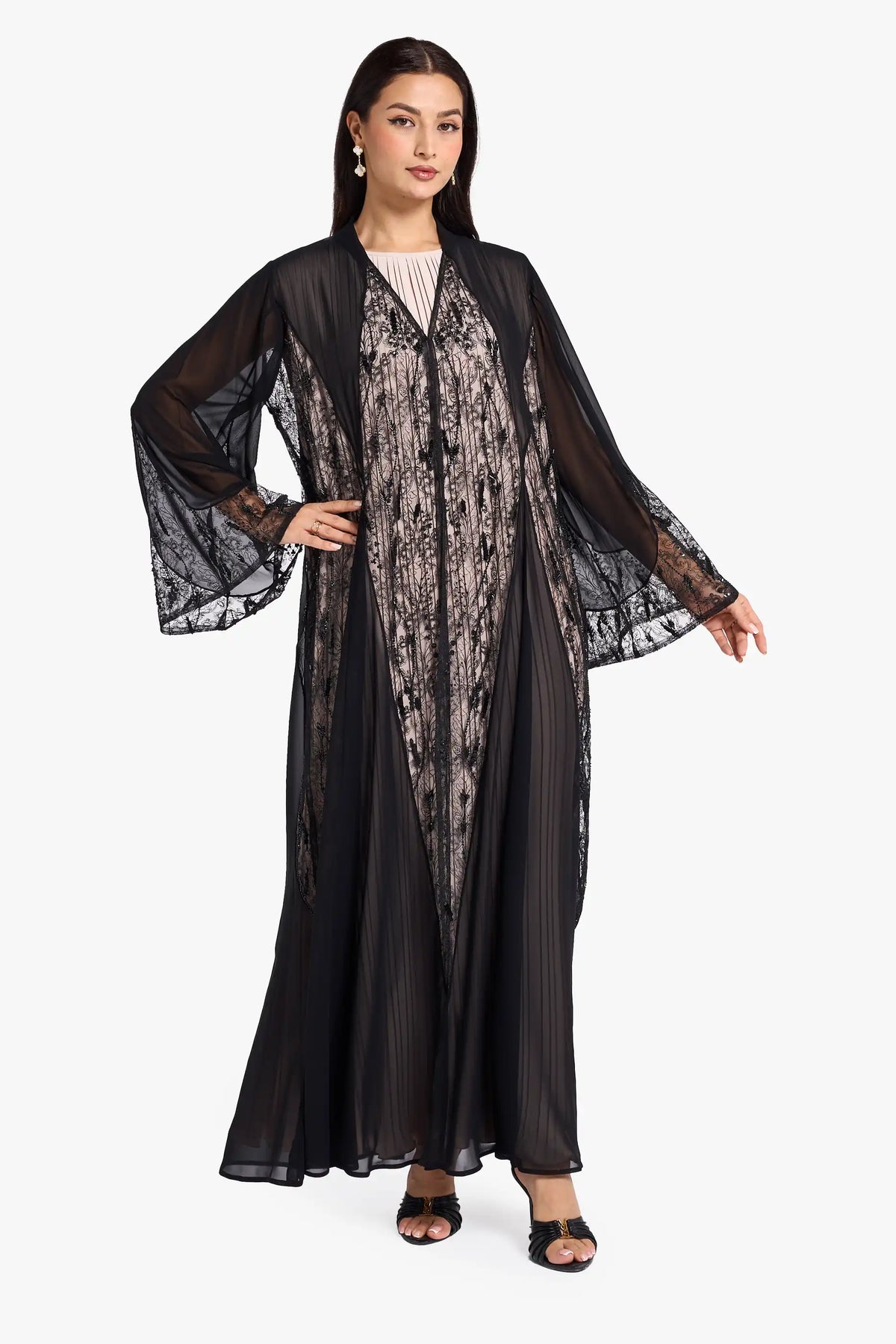 Louzan Wedding Abaya Crafted In Chiffon And Delicate Dantel Lace Panel Design