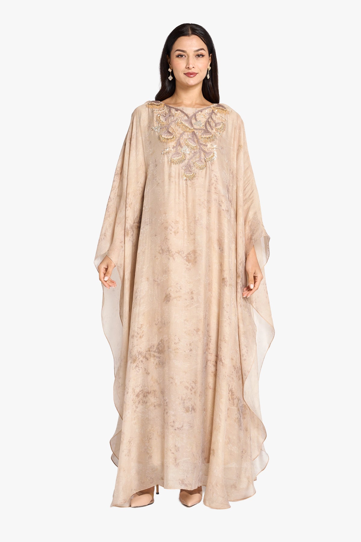 Louzan Jalabiya Organza Hand Embroidery Kaftan – Pink