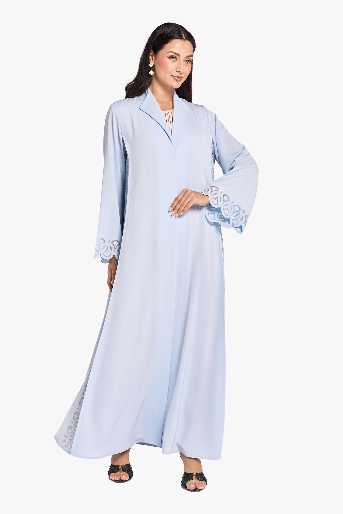 Louzan Collar Abaya Crafted In Nidi Fabric With Intricated Circular Design Pattern