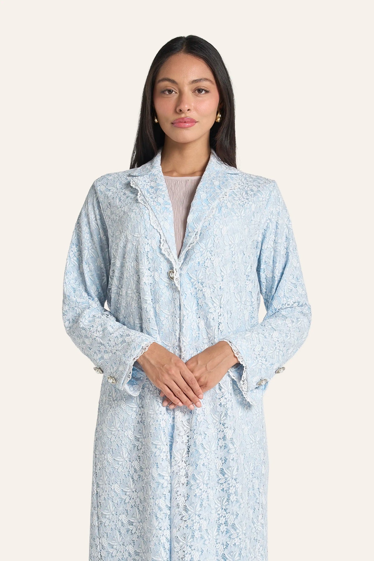 Louzan Baby Blue Floral Motif Abaya In Dantel Lace And Satin Crepe