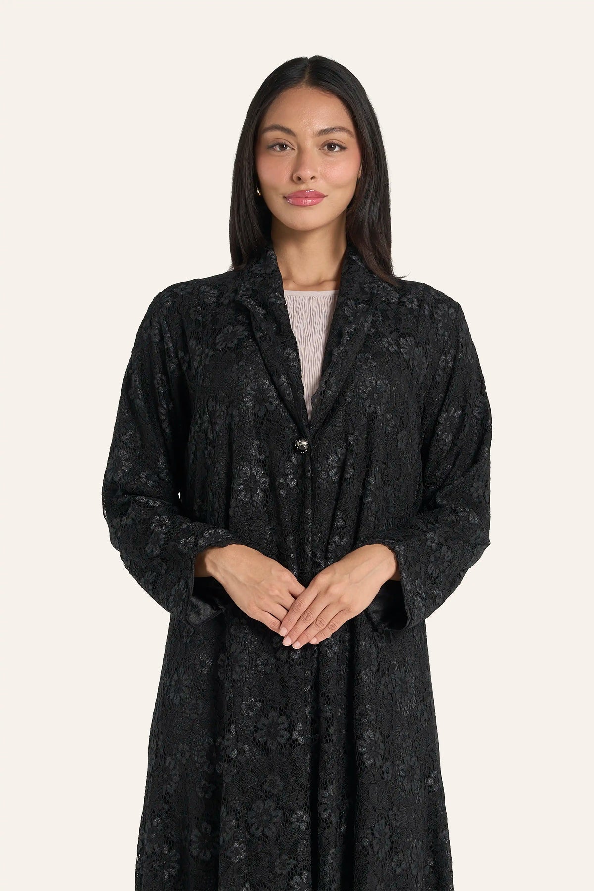 Louzan Black Floral Motifs Abaya In Dantel Lace And Satin Crepe