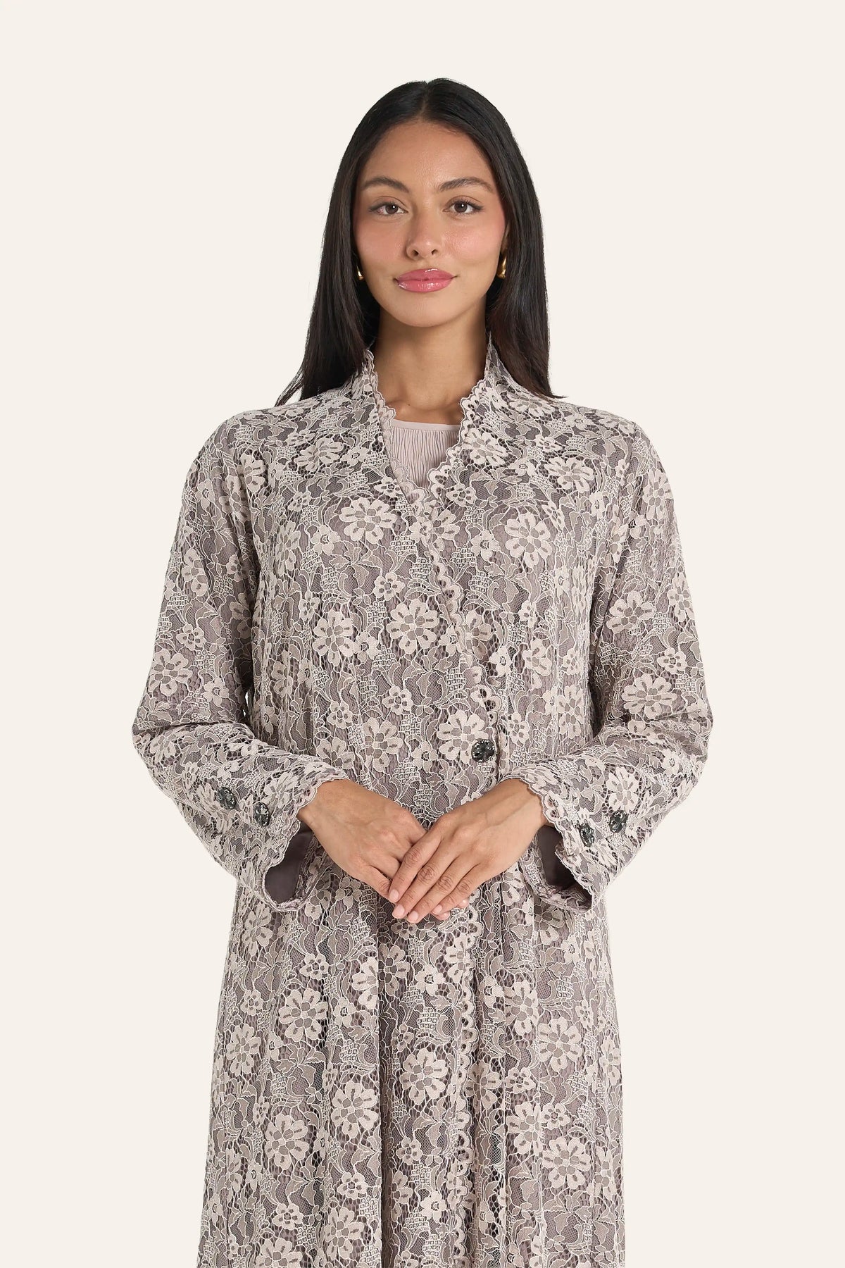 Louzan Beige Tones Floral Motifs Abaya In Dantel Lace And Crepe