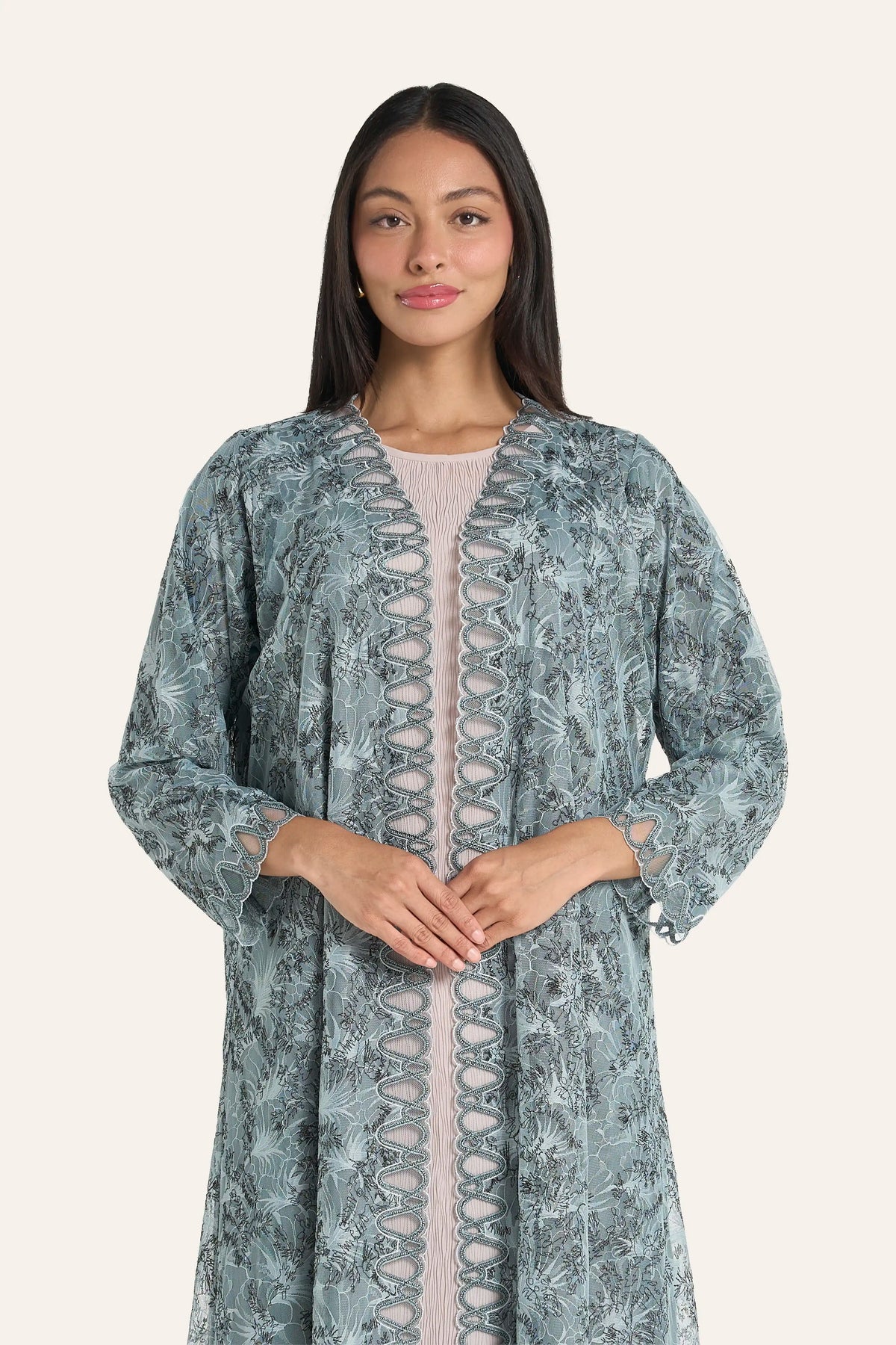 Louzan Moss Green Abstract Abaya In Embroidered Lace And Chiffon