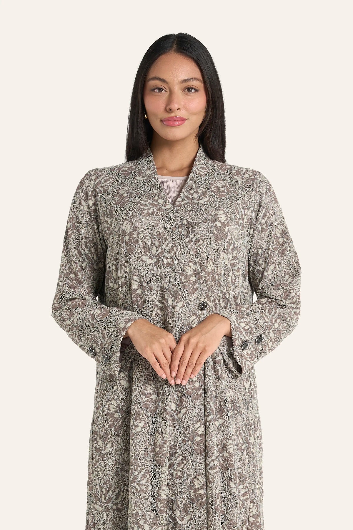 Louzan Beige tones Floral Motifs Abaya in Dantel Lace and crepe